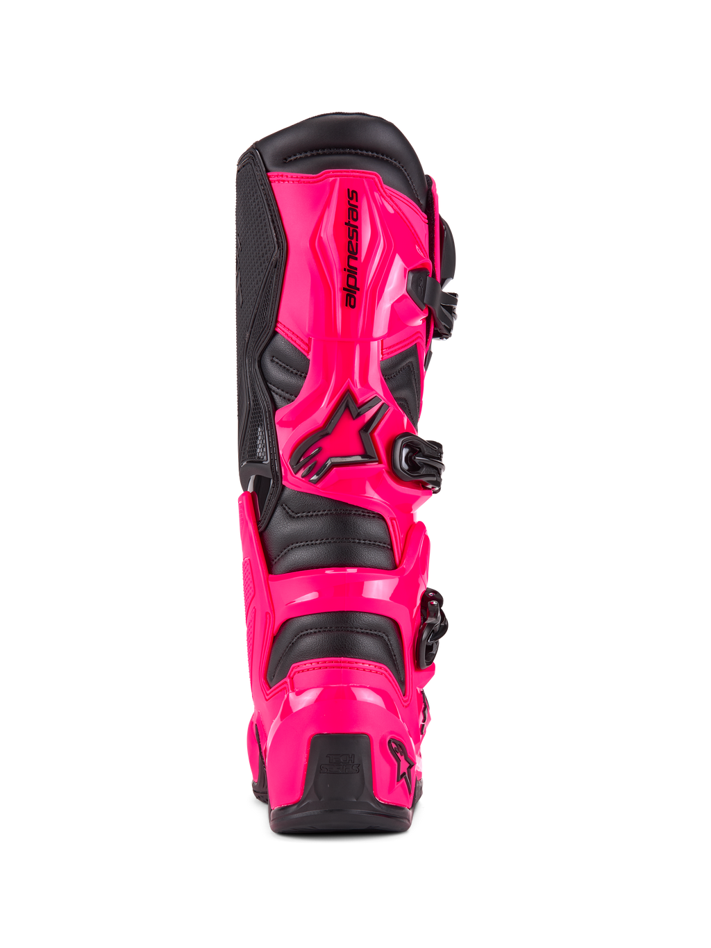 Alpinestars Tech 7 Stiefel, Motocross-Stiefel, Diva Pink und Schwarz, Rückansicht mit schlagfestem TPU-Fersen- und Wadenschutz, schwarzes Schnallensystem, robuste Konstruktion für Offroad-Fahrten