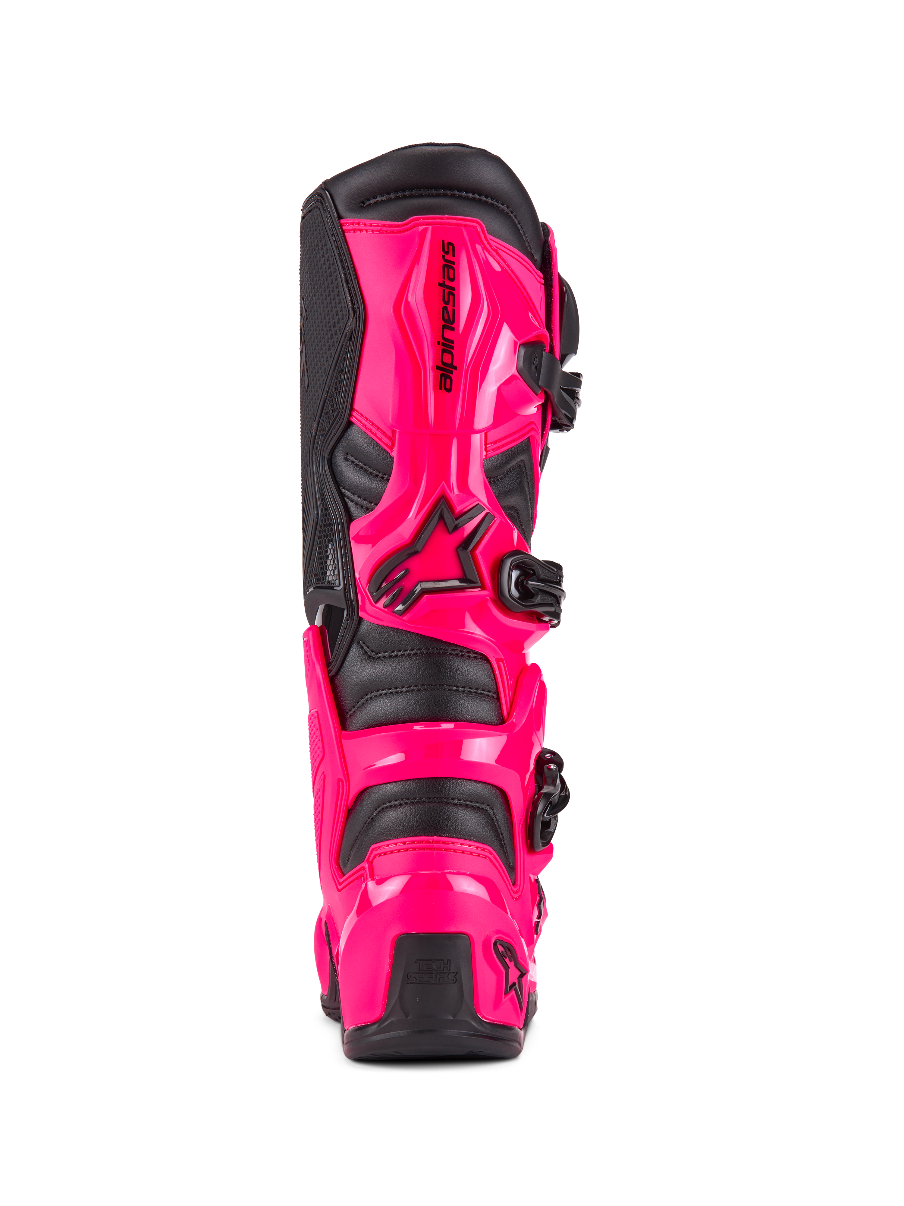 Alpinestars Tech 7 Stiefel, Motocross-Stiefel, Diva Pink und Schwarz, Rückansicht mit schlagfestem TPU-Fersen- und Wadenschutz, schwarzes Schnallensystem, robuste Konstruktion für Offroad-Fahrten