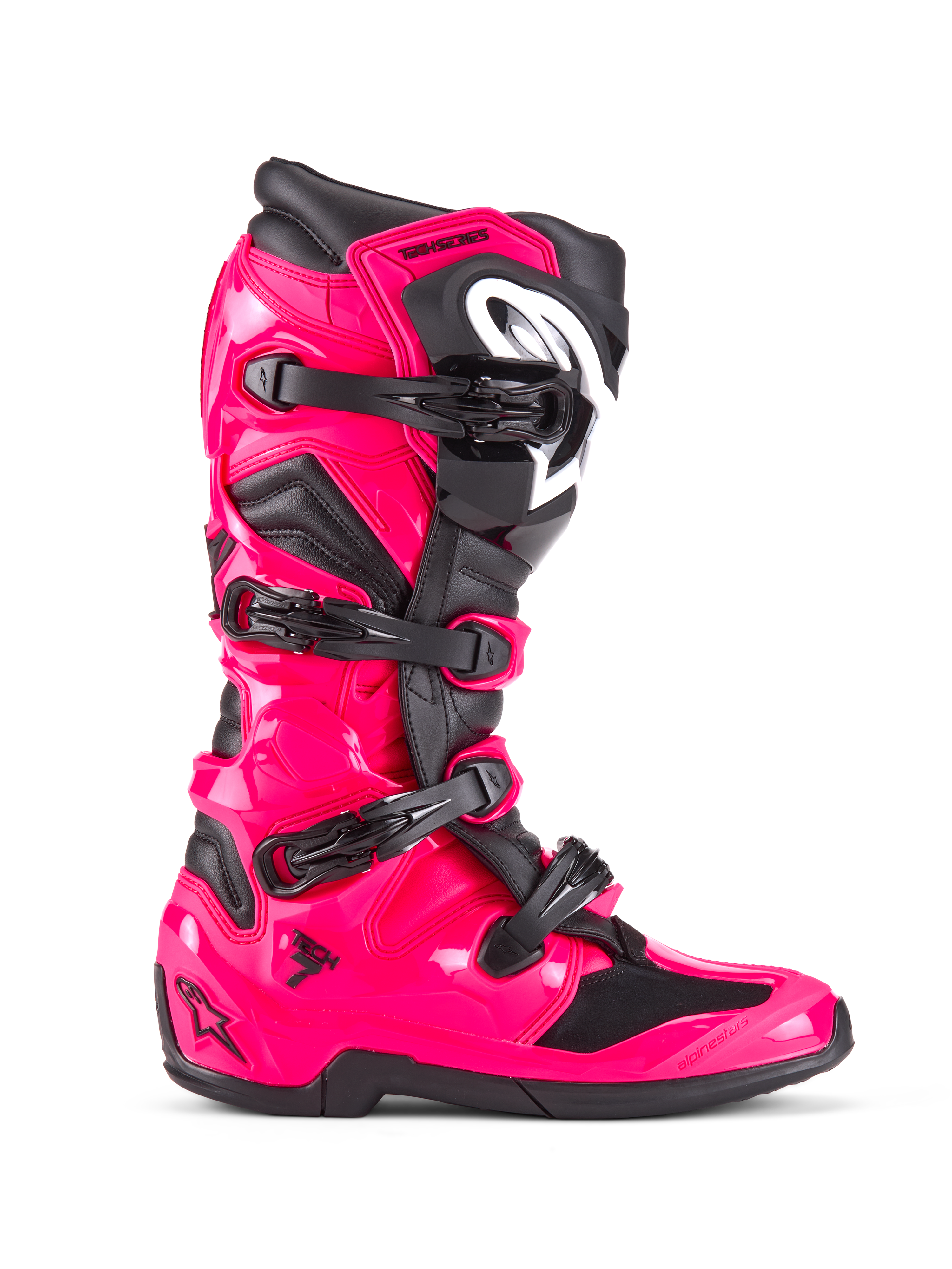 Alpinestars Tech 7 Stiefel, Motocross- und Offroad-Stiefel, Diva Pink und Schwarz, glänzende pinkfarbene TPU-Schale mit schwarzen Akzenten, vier verstellbare schwarze Schnallen, verstärkter Schienbeinschutz, Profi-Rennstiefel