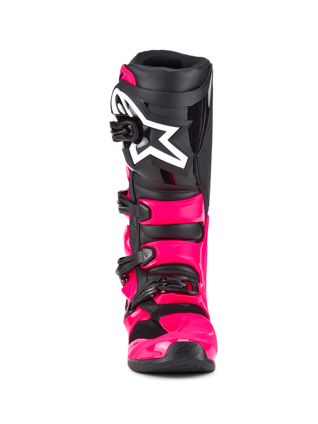 Alpinestars Tech 7 Stiefel, Motocross-Stiefel, Diva Pink Schwarz, Vorderansicht, mit leuchtend pinkfarbener TPU-Schale und Riemen, schwarzer Schienbeinplatte mit großem weißem Alpinestars Stern-Logo und robusten schwarzen Schnallen.