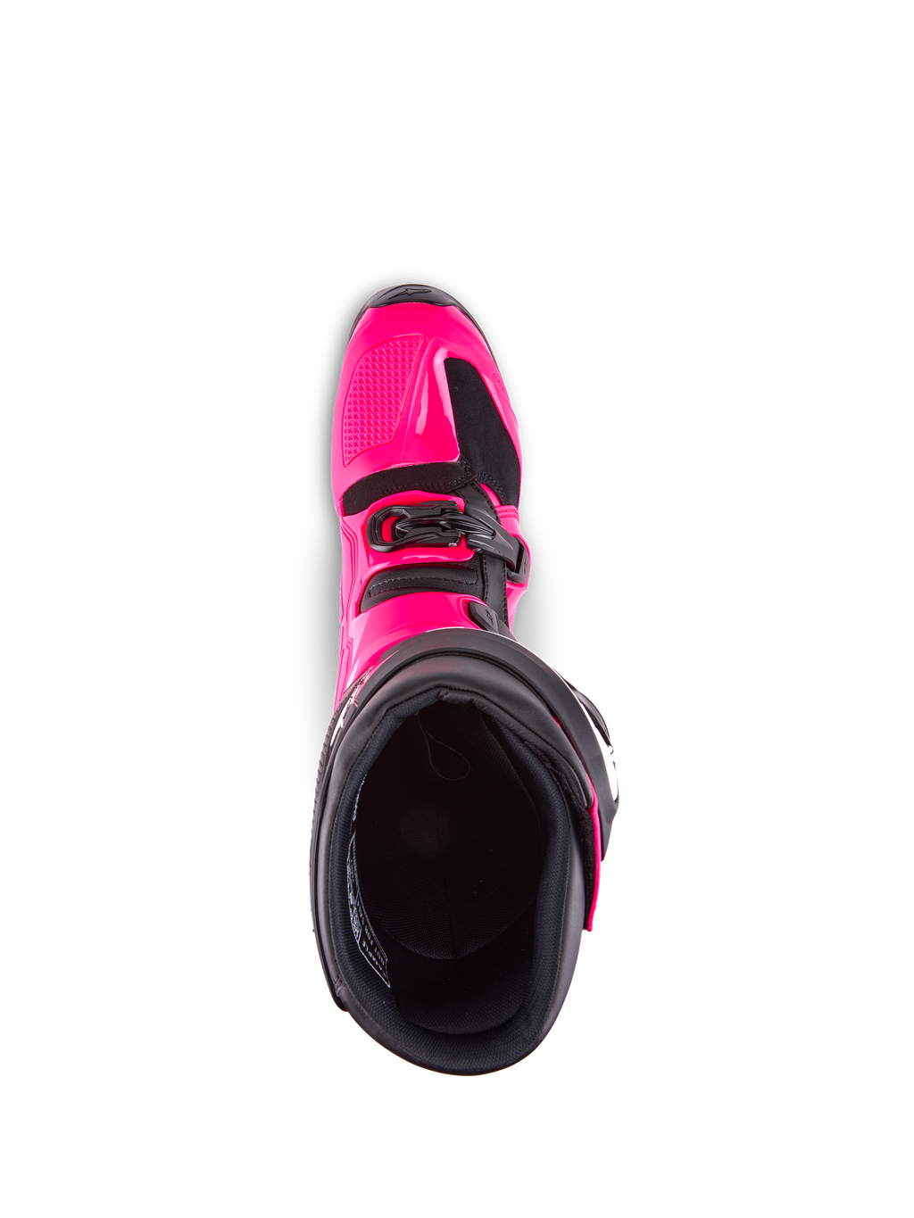 Alpinestars Tech 7 Stiefel, Motocross-Stiefel, Diva Pink und Schwarz, Draufsicht mit Blick in das Innenfutter, zeigt die pinkfarbene TPU-Außenschale und Schnallendetails, entwickelt für Offroad-Performance