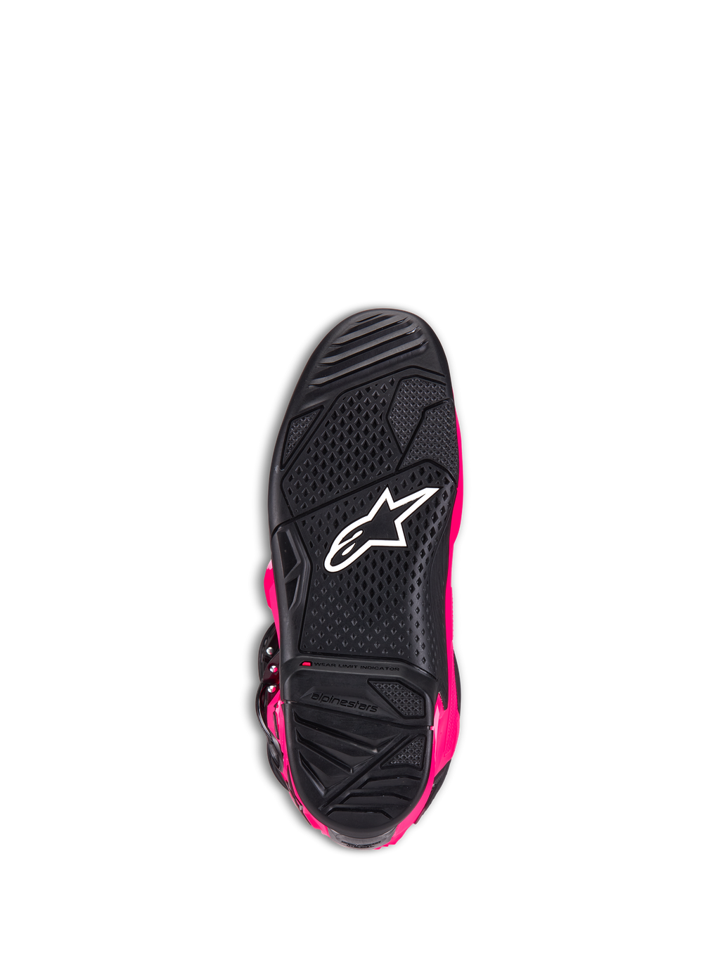Alpinestars Tech 7 Stiefel, Motocross-Stiefel, Diva Pink und Schwarz, Unteransicht der Außensohle mit der schwarzen strukturierten Gummisohle, weißem Alpinestars-Logo und Verschleißanzeige, Hochleistungs-Offroad-Schuhwerk