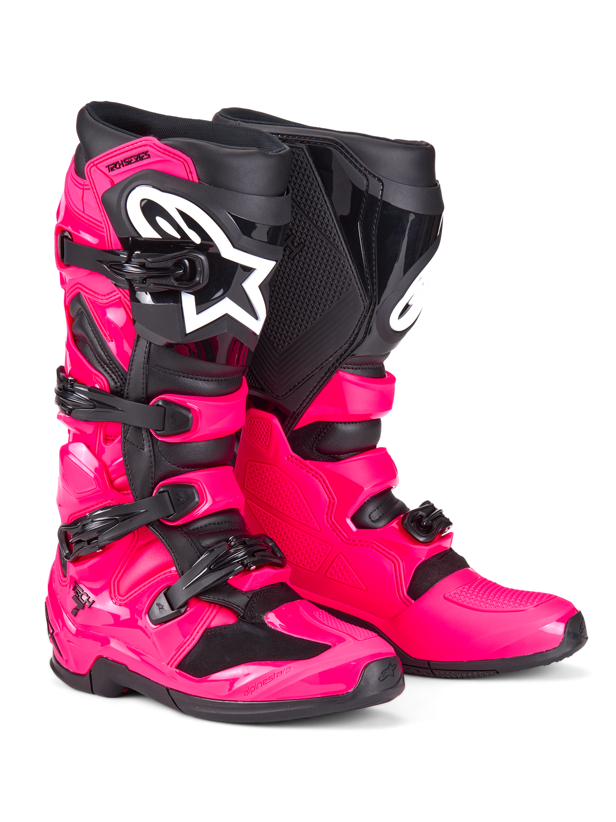 Alpinestars Tech 7 Stiefel, Motocross-Stiefel, Diva-Pink und Schwarz, mit robuster TPU-Schale, Vier-Schnallen-Verschlusssystem und markantem weißen Alpinestars-Logo, Hochleistungs-Offroad-Fußbekleidung