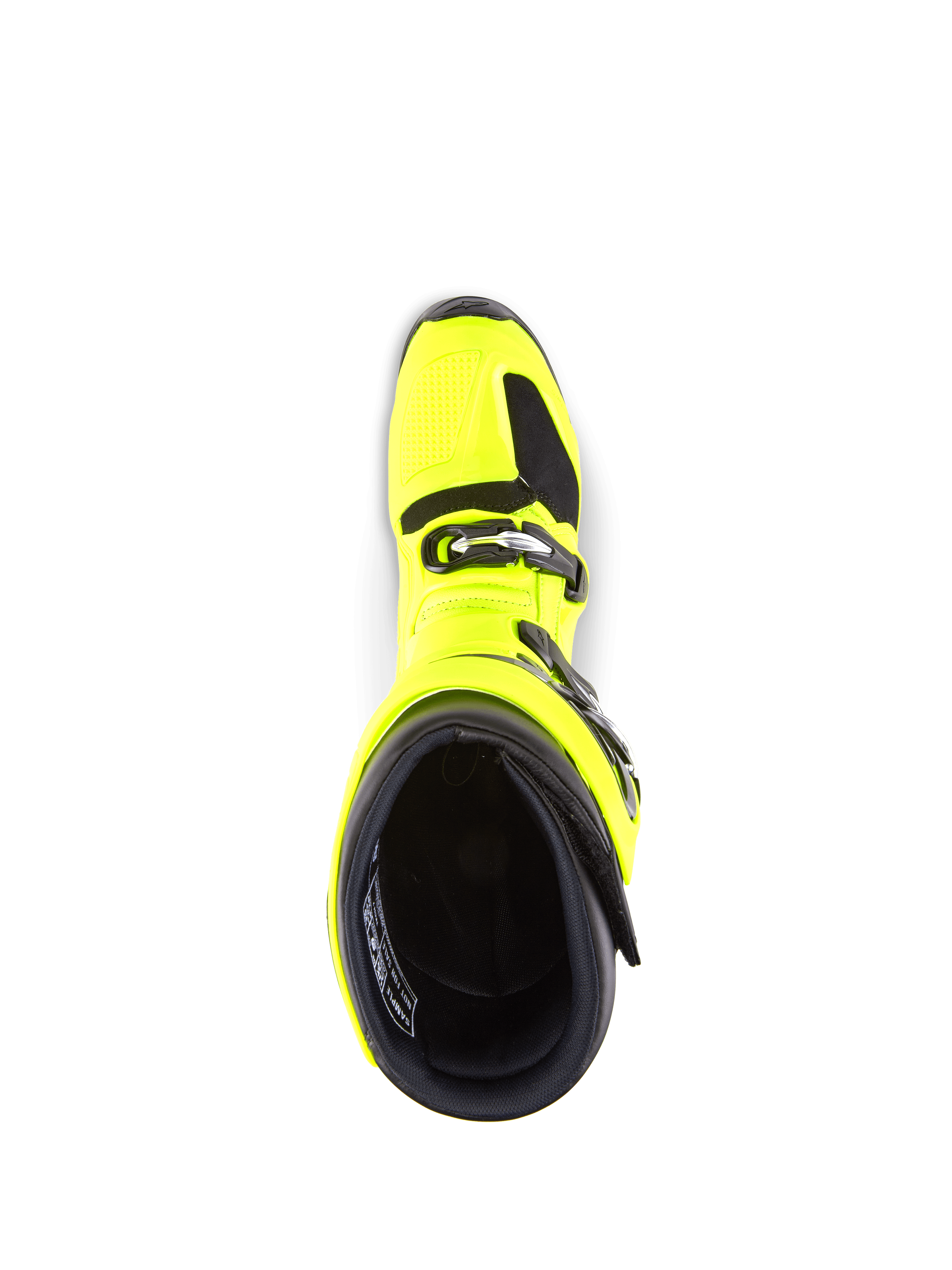 Alpinestars Tech 7 Boots, Motocross Boots, Yellow Fluo and Black, top-down view looking into the interior, showing the buckle closure system and padded collar