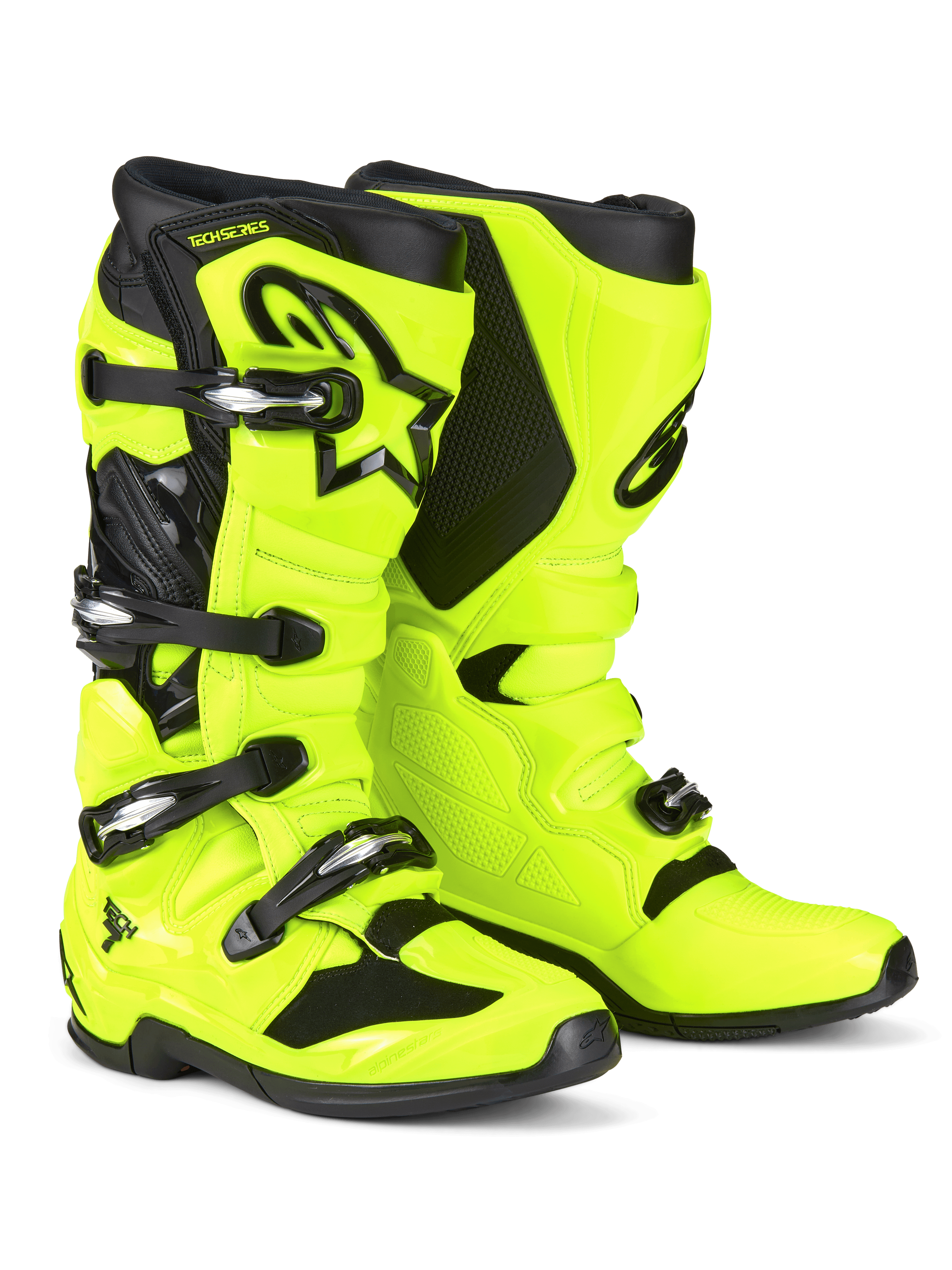 Alpinestars Tech 7 Motocross Boots, Yellow Fluo and Black, featuring a four-buckle closure system, protective TPU shell, black Astars logo on the shin, and rugged dual-compound sole for off-road racing