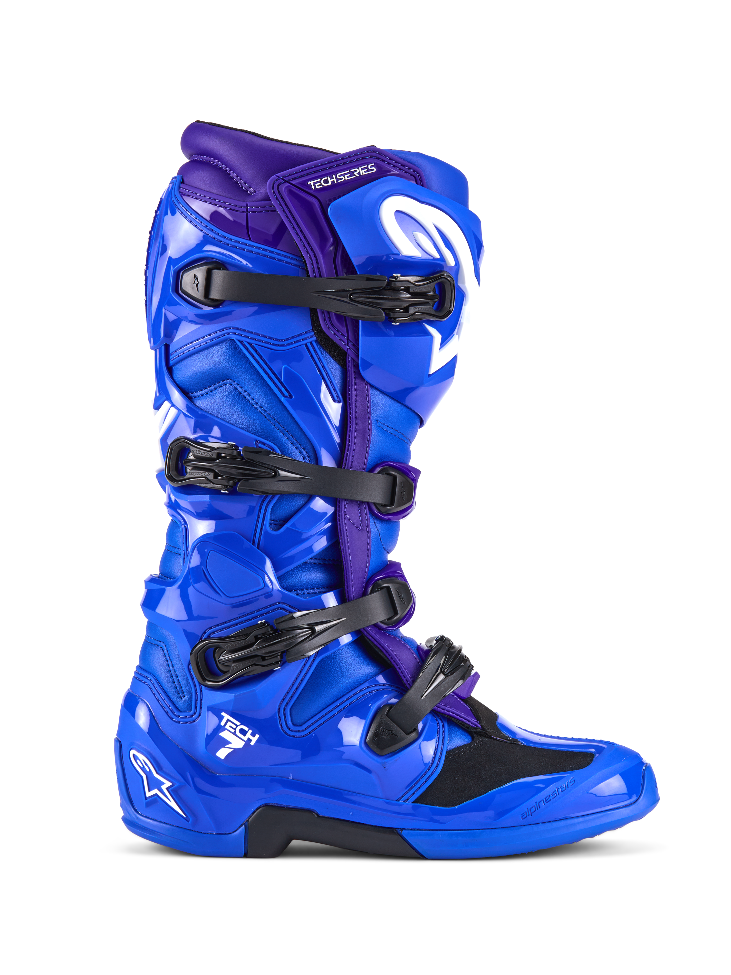 Alpinestars Tech 7 Stiefel, Motocross-Stiefel, Blau und Lila, mit vier schwarzen Schnallen, glänzende TPU-Schutzschale mit weißem Alpinestars-Logo, strapazierfähiges Offroad-Rennschuhwerk