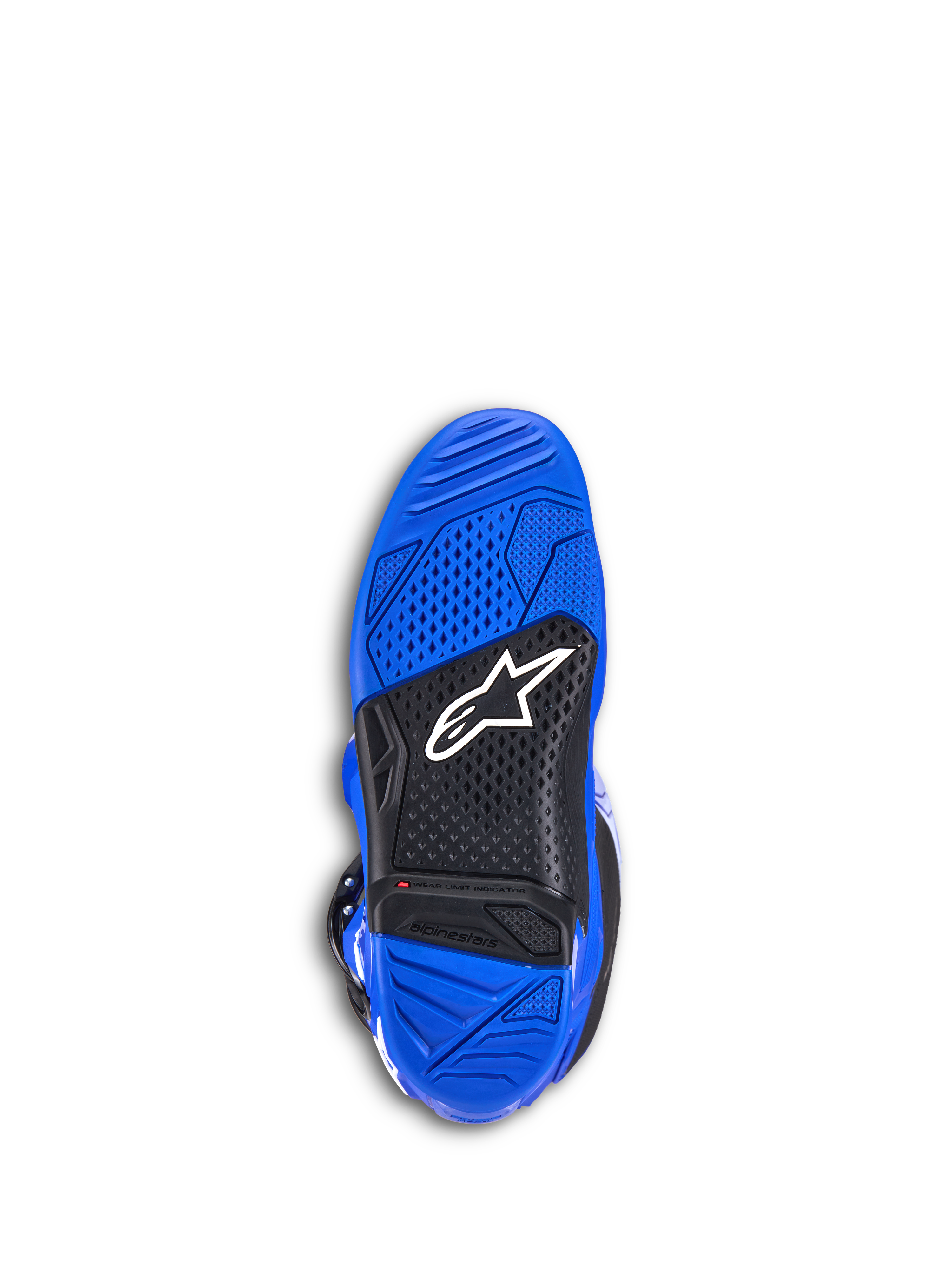 Alpinestars Tech 7 Boots, Motocross Boots, Blue, bottom view of the sole showing blue and black textured rubber, white Alpinestars logo, and red wear limit indicator, durable off-road footwear