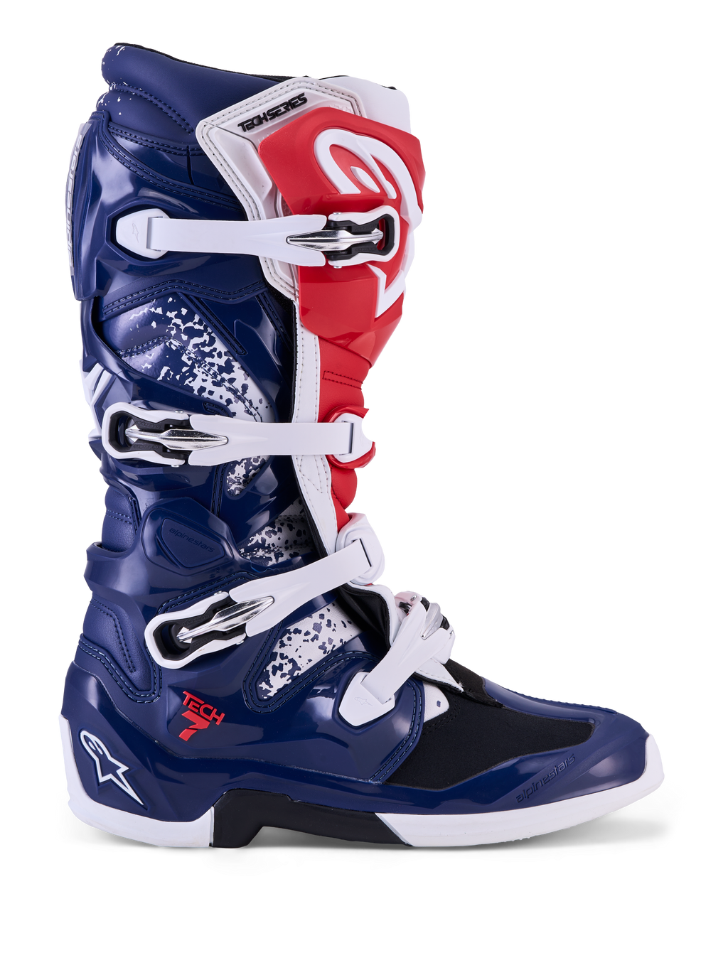 Alpinestars Tech 7 Unity Motocross-Stiefel, Blau, Rot und Weiß, TPU-Schutzschale und Schnallenverschluss.