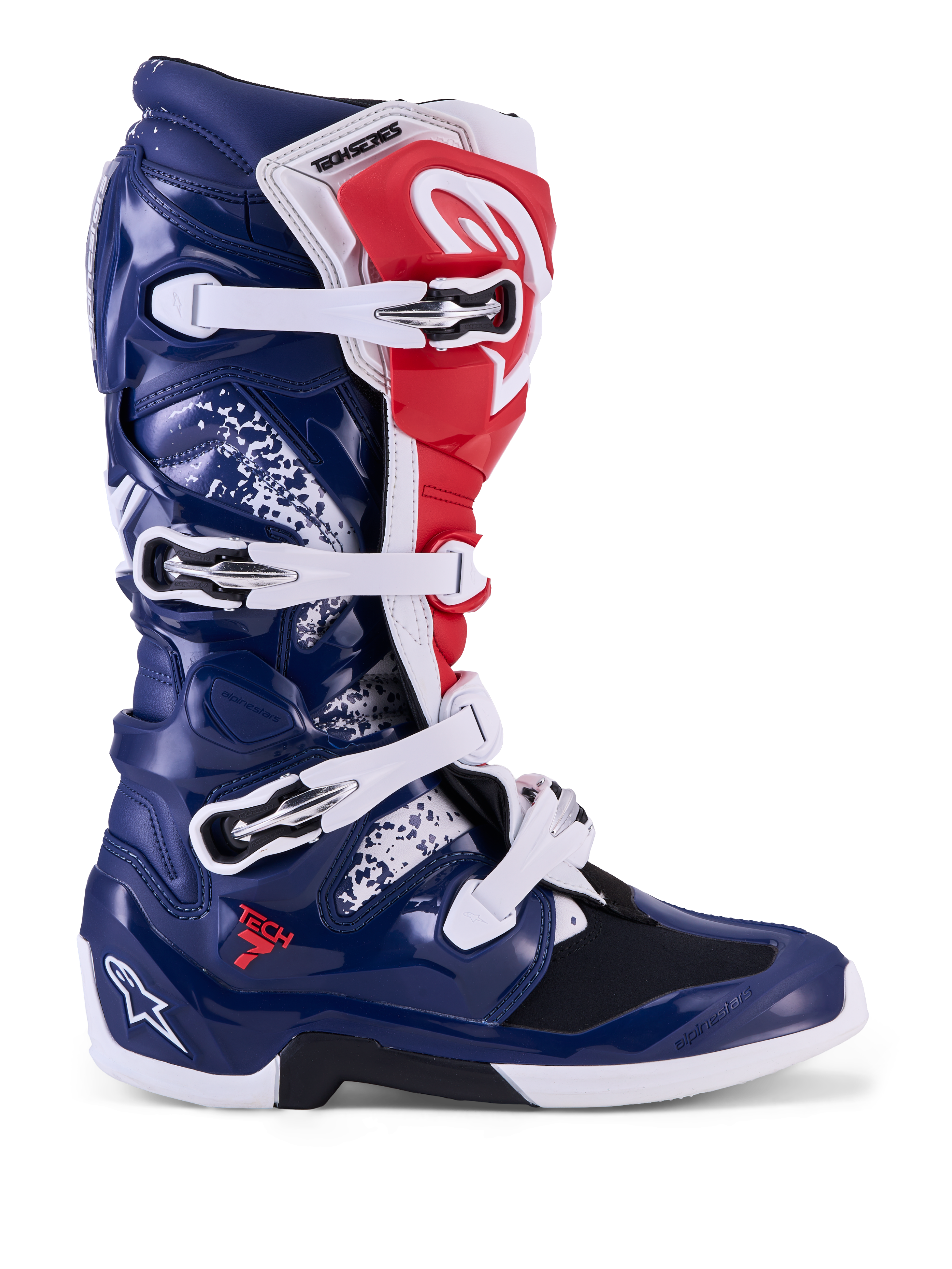 Alpinestars Tech 7 Unity Motocross-Stiefel, Blau, Rot und Weiß, TPU-Schutzschale und Schnallenverschluss.