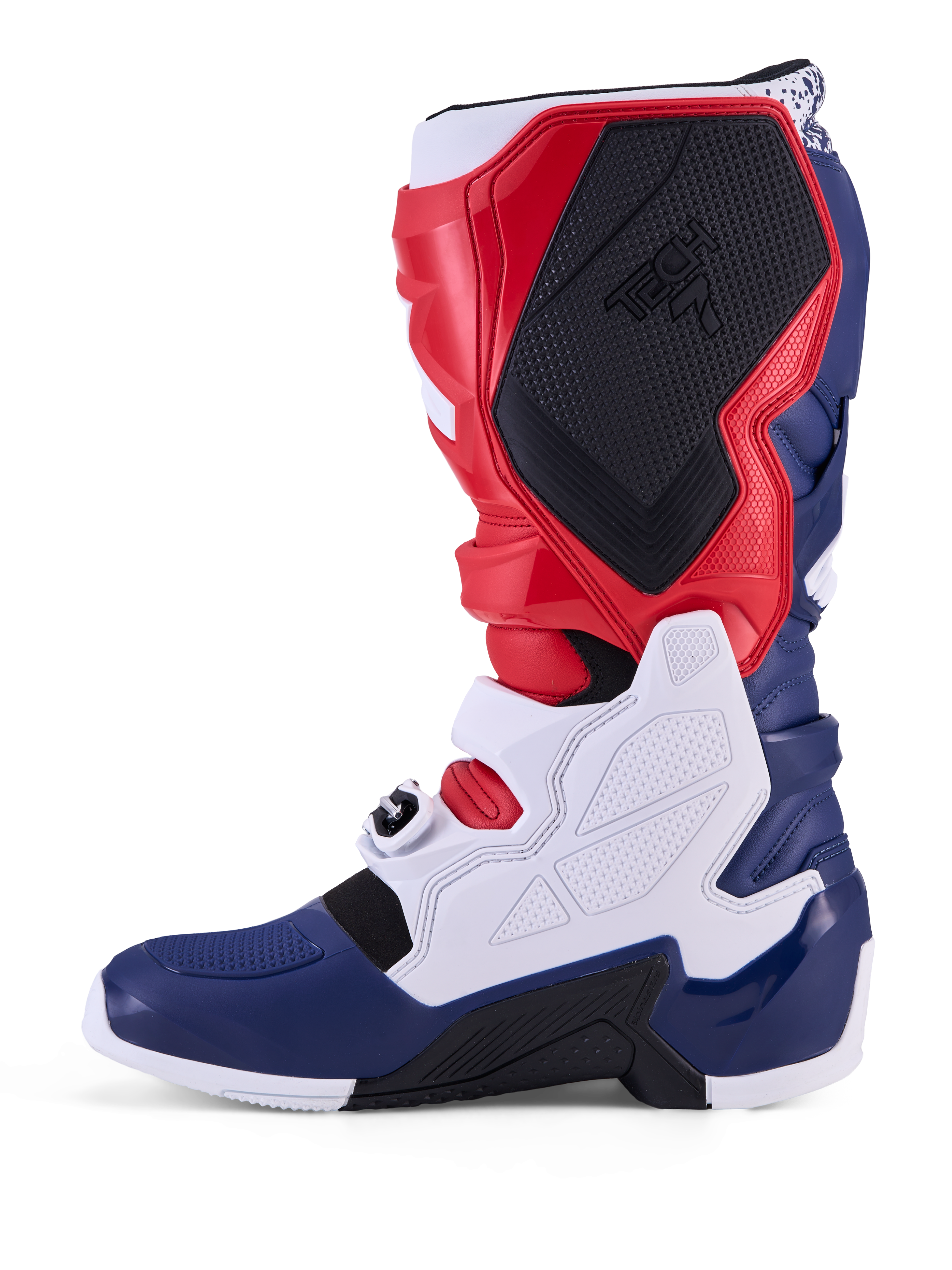 Alpinestars Tech 7 Limited Edition Unity Motocross-Stiefel, Rot, Weiß, Blau, mit TPU-Schutzpaneelen und sicheren Schnallen.