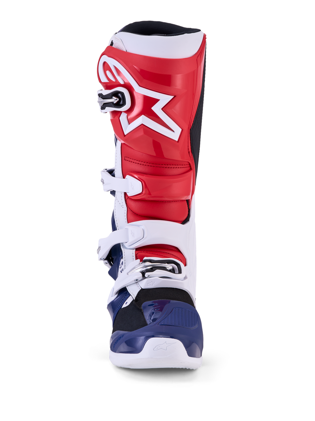 Alpinestars Limited Edition Tech 7 Unity Stiefel, Motocross-Rennstiefel in Rot, Weiß und Blau, mit schützender TPU-Konstruktion und sicherem Schnallenverschluss.