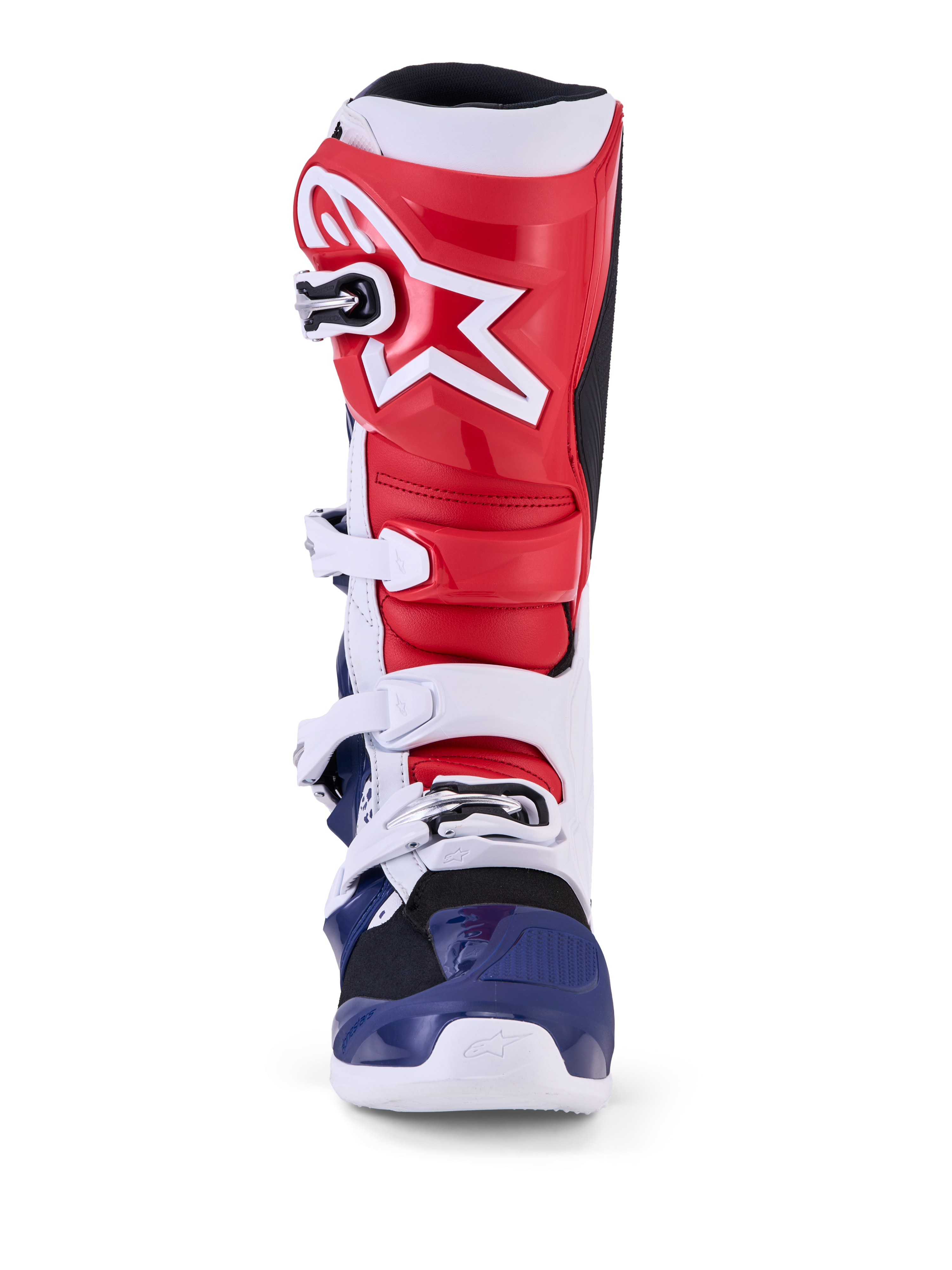Alpinestars Limited Edition Tech 7 Unity Stiefel, Motocross-Rennstiefel in Rot, Weiß und Blau, mit schützender TPU-Konstruktion und sicherem Schnallenverschluss.