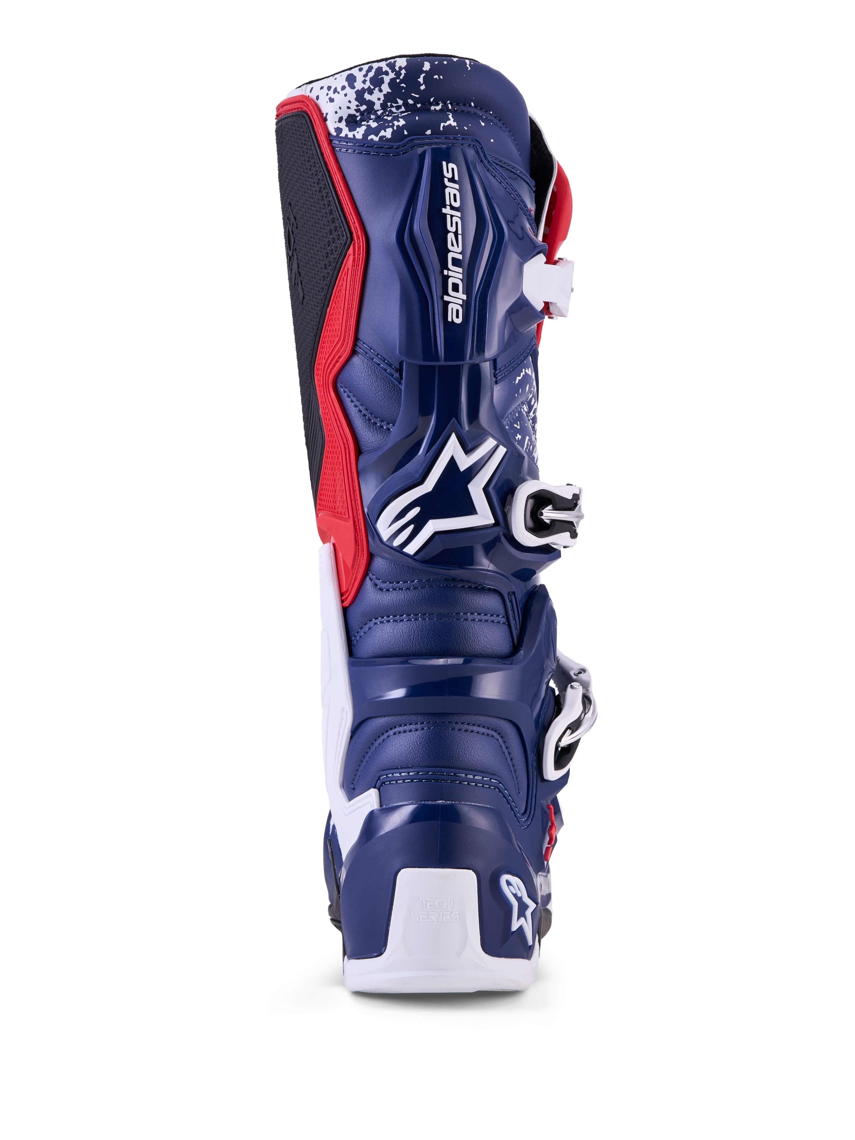 Alpinestars Limited Edition Tech 7 Unity Motocross-Stiefel, Rückansicht mit TPU-Schutzschale, Rot, Weiß und Blau.