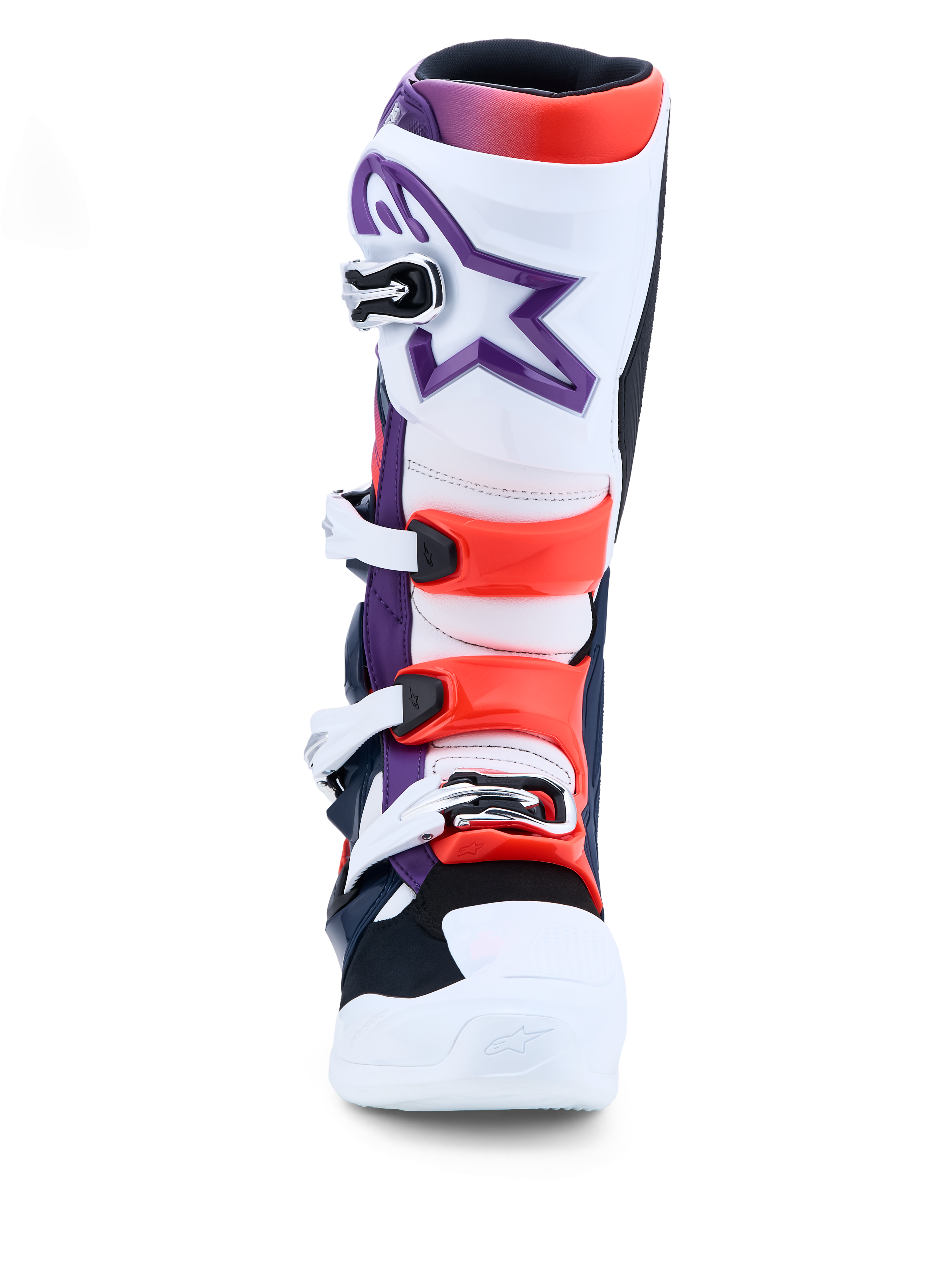 Alpinestars Tech 7 Motocross-Stiefel in Lila, Weiß und Fluo-Rot mit TPU-Schutz und Schnallenverschlüssen.