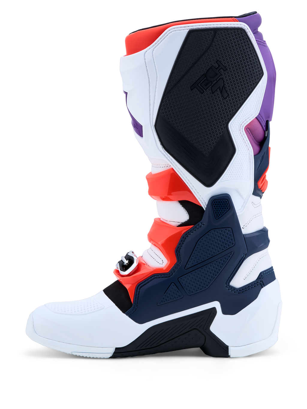 Alpinestars Tech 7 Motocross-Stiefel für Herren, Lila, Weiß und Dunkelblau mit Rot Fluo Akzenten und TPU-Platten.