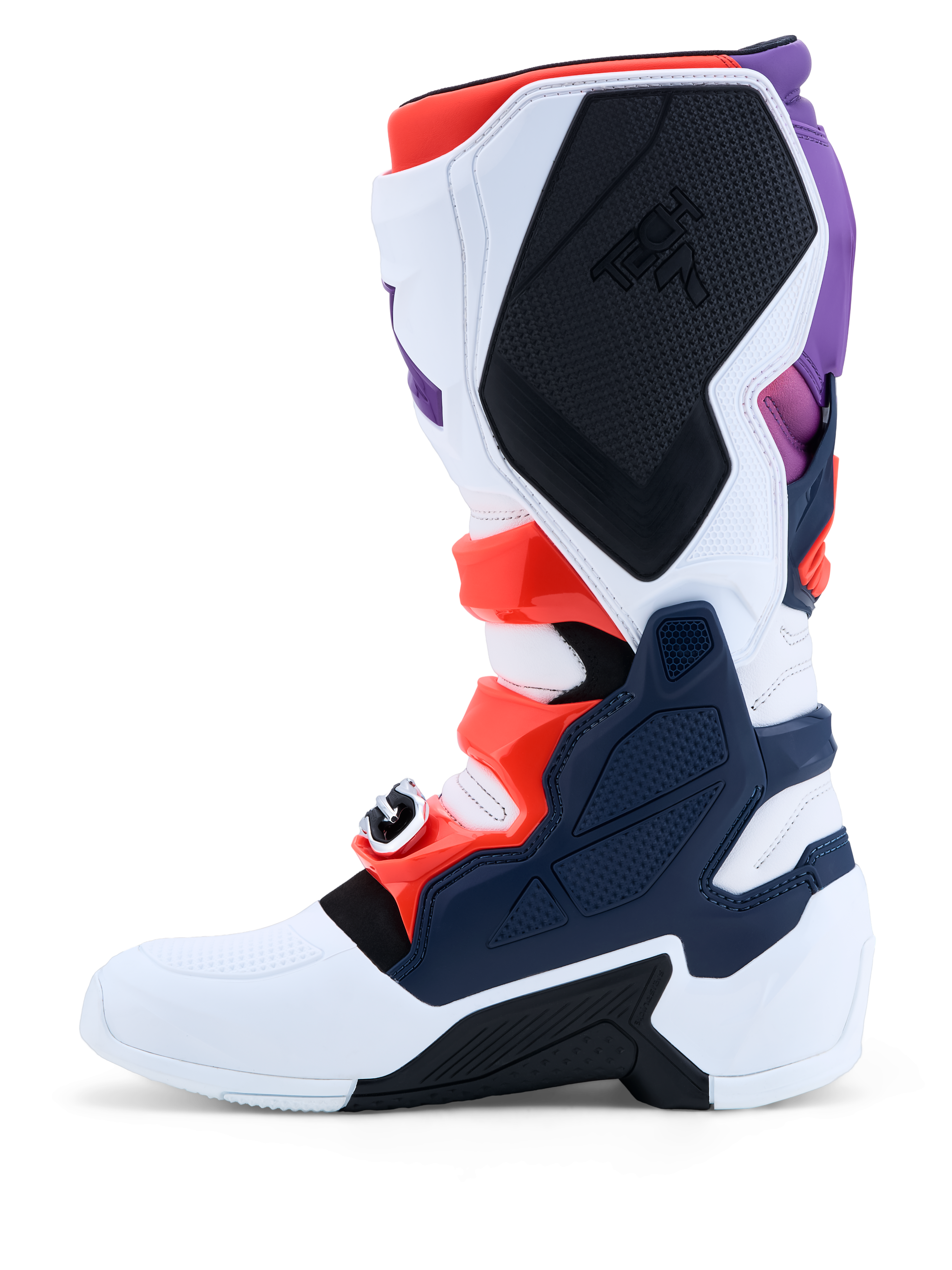 Alpinestars Tech 7 Motocross-Stiefel für Herren, Lila, Weiß und Dunkelblau mit Rot Fluo Akzenten und TPU-Platten.