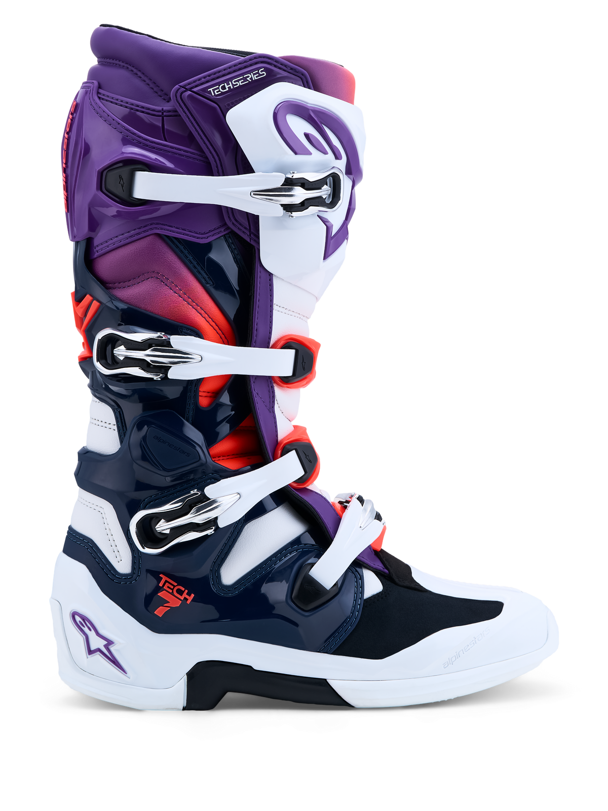 Alpinestars Tech 7 Stiefel, Motocross-Stiefel für Herren, Lila, Weiß und Dunkelblau, CE-zertifiziert mit TPU-Schutz und Dual-Pivot-System für maximale Offroad-Performance.