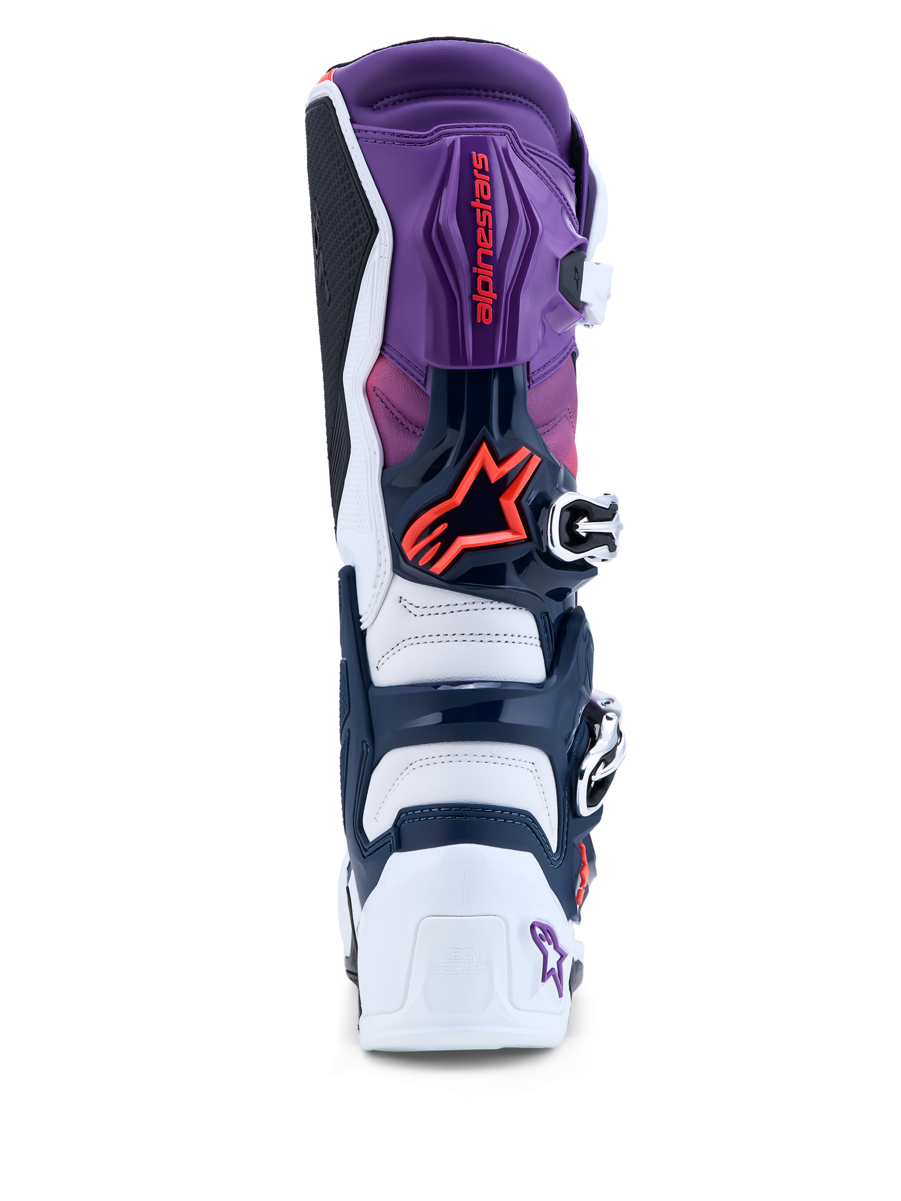 Alpinestars Tech 7 Stiefel, Motocross-Stiefel für Herren, Lila und Weiß, Rückansicht mit TPU-Schutz und roten Akzenten.