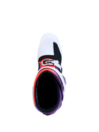 Alpinestars Tech 7 Motocross-Stiefel, Draufsicht in Lila und Weiß, mit Innenpolsterung und sicherem Schnallensystem.