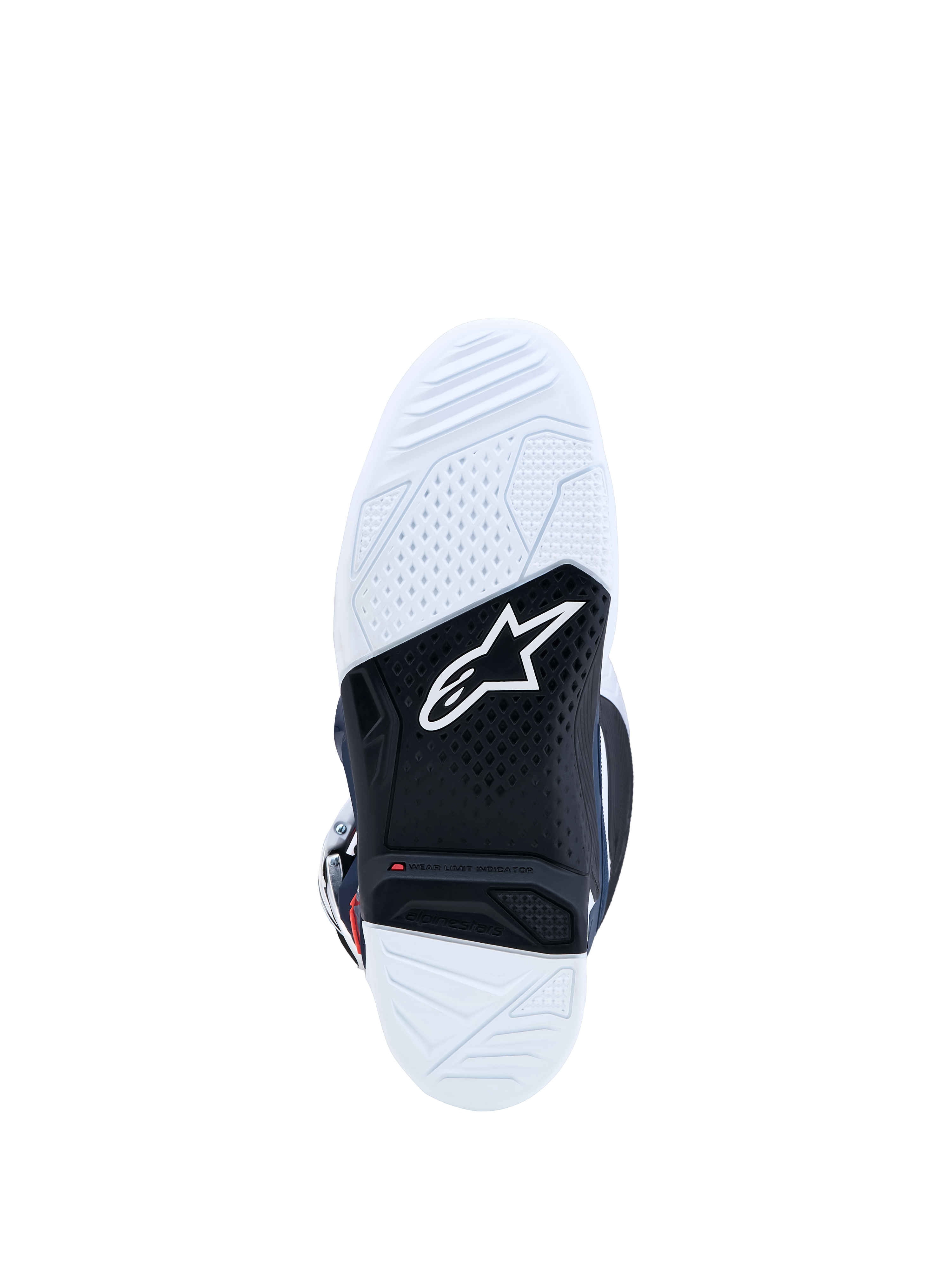 Alpinestars Tech 7 Motocross-Stiefel, Dual-Compound-Gummisohle in Weiß und Schwarz mit roter Verschleißanzeige und Logo.