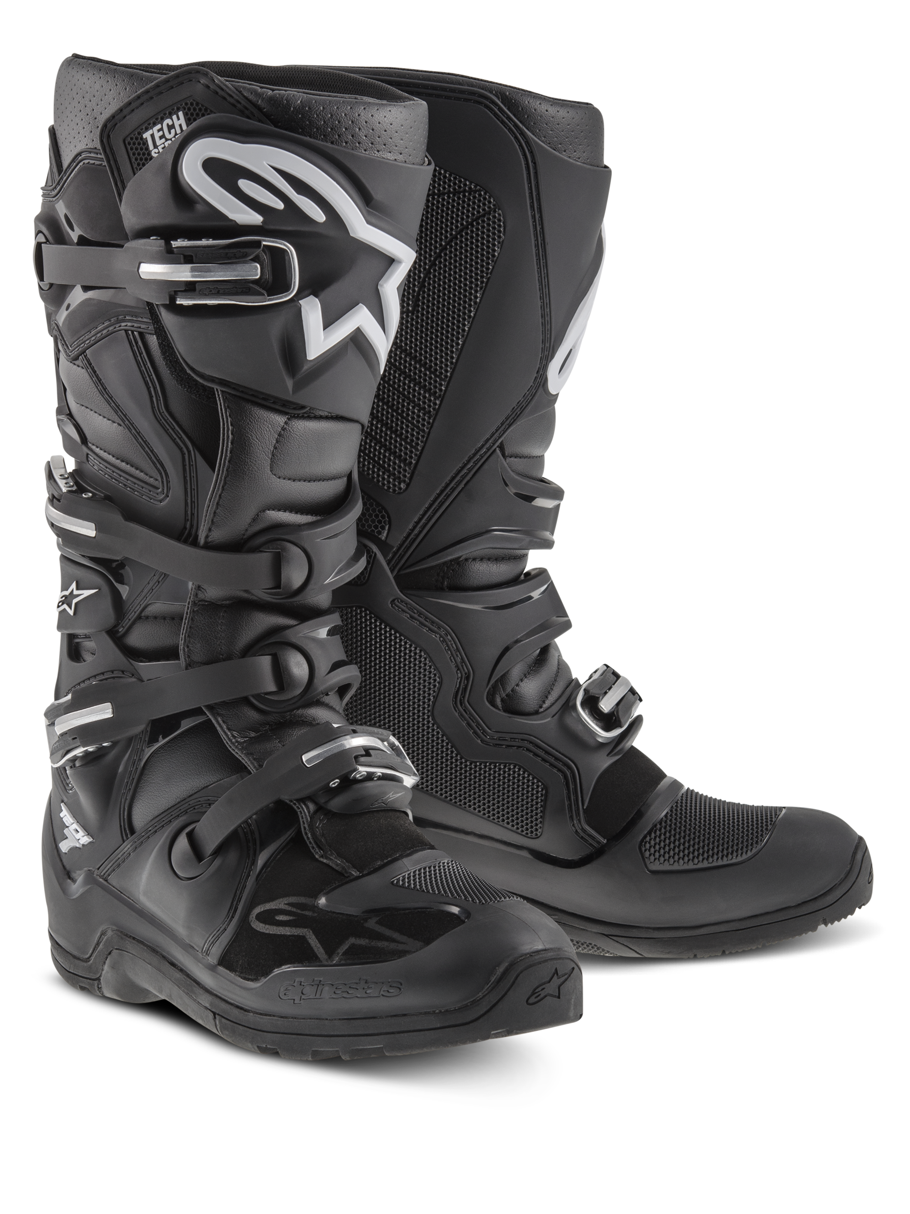 Alpinestars Tech 7 Enduro Boots, Motocross and Off-Road Boots, Black with white Alpinestars logo, featuring four adjustable buckles, TPU shin plate, and durable Enduro-specific sole.