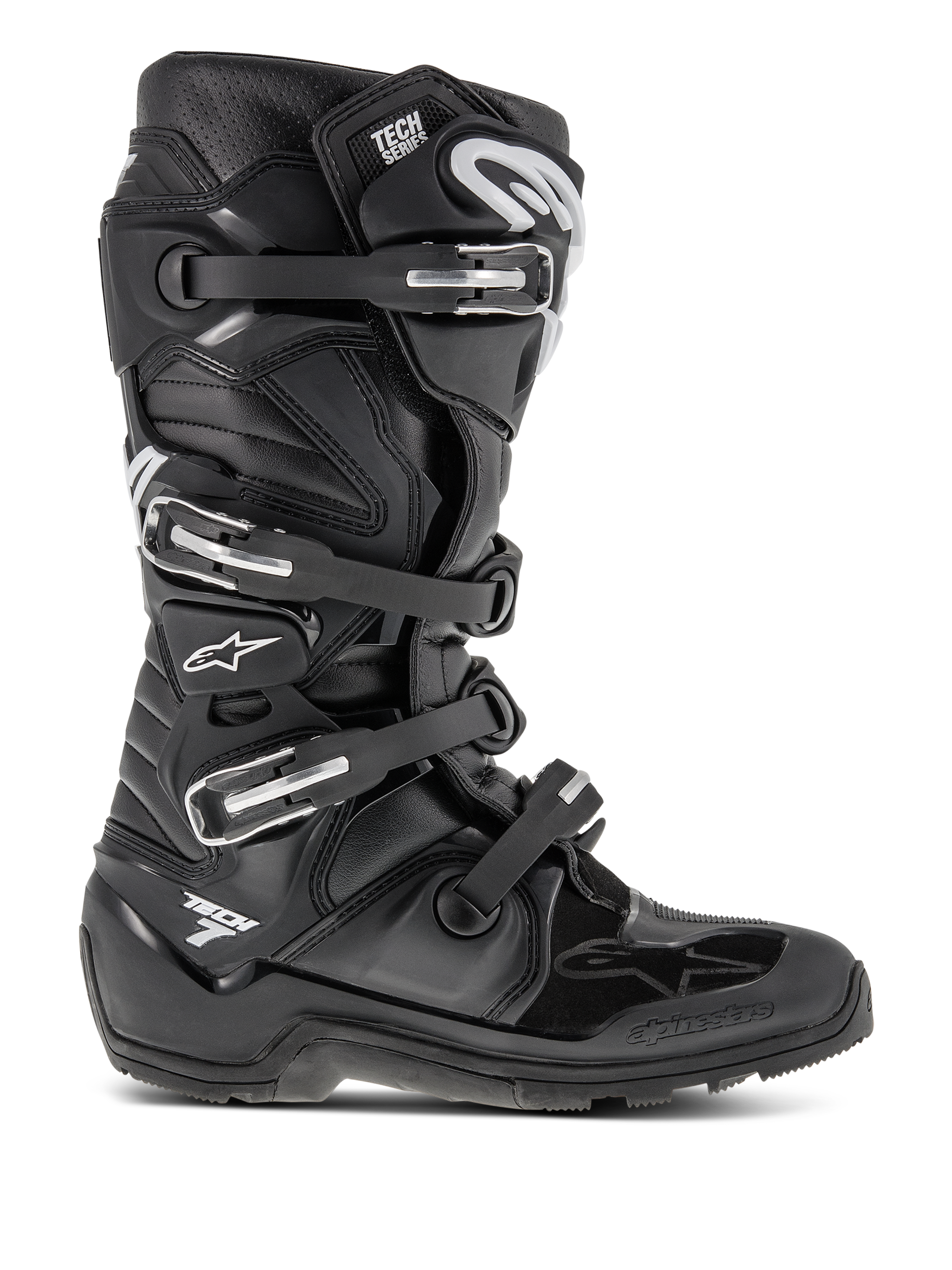 Alpinestars Tech 7 Enduro Stiefel, schwarze Motocross-Stiefel, mit vier verstellbaren Schnallen und verstärktem TPU-Chassis, robuste Profilsohle für Offroad-Traktion, weißes Stern-Logo und Tech 7-Branding, strapazierfähiges Hochleistungsschuhwerk für Enduro- und Dirtbike-Fahrten