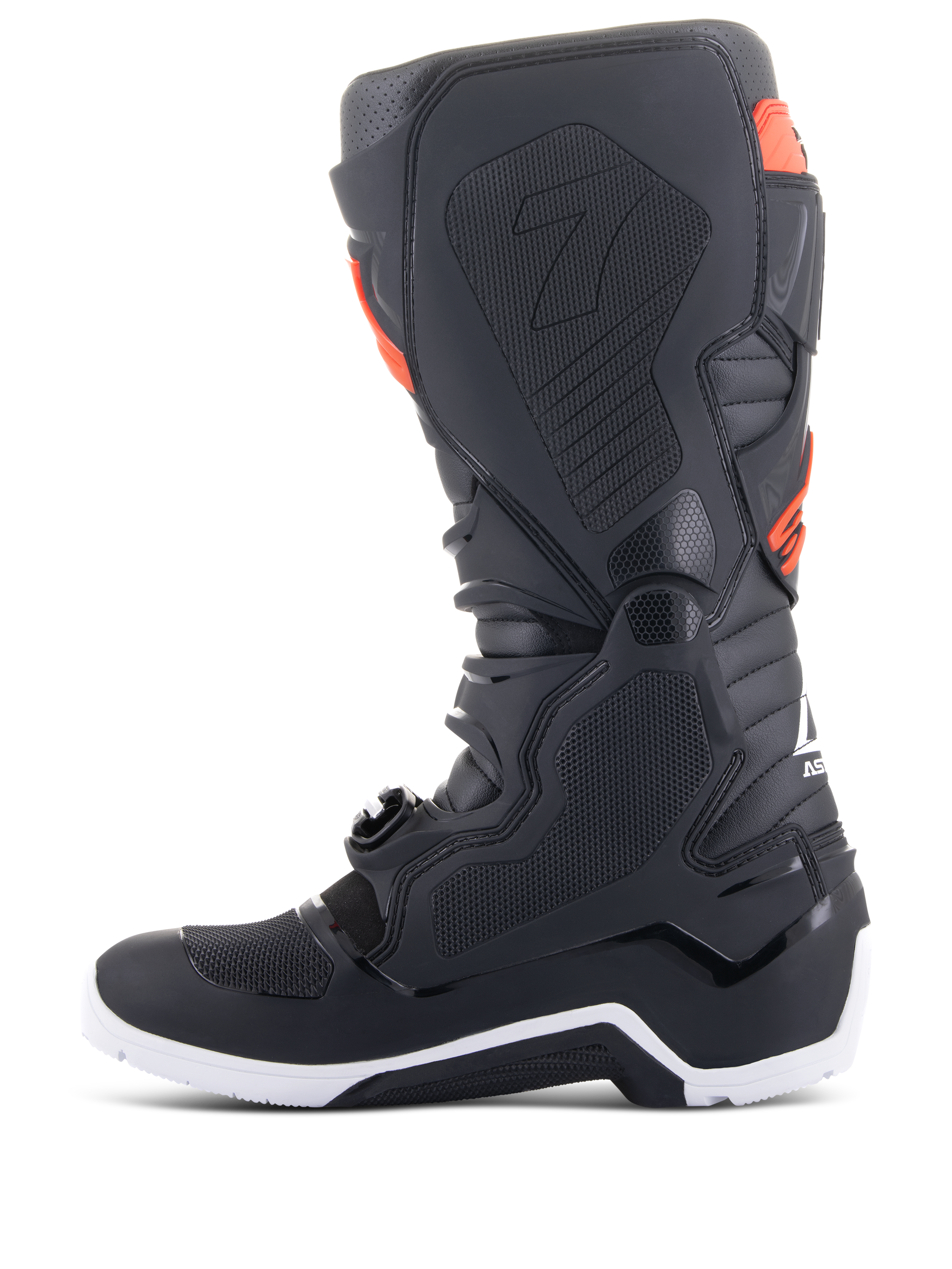 Alpinestars Tech 7 Enduro Boots, Black and Red Fluo, medial profile view featuring honeycomb grip panels and white sole, high-performance off-road motorcycle boots
