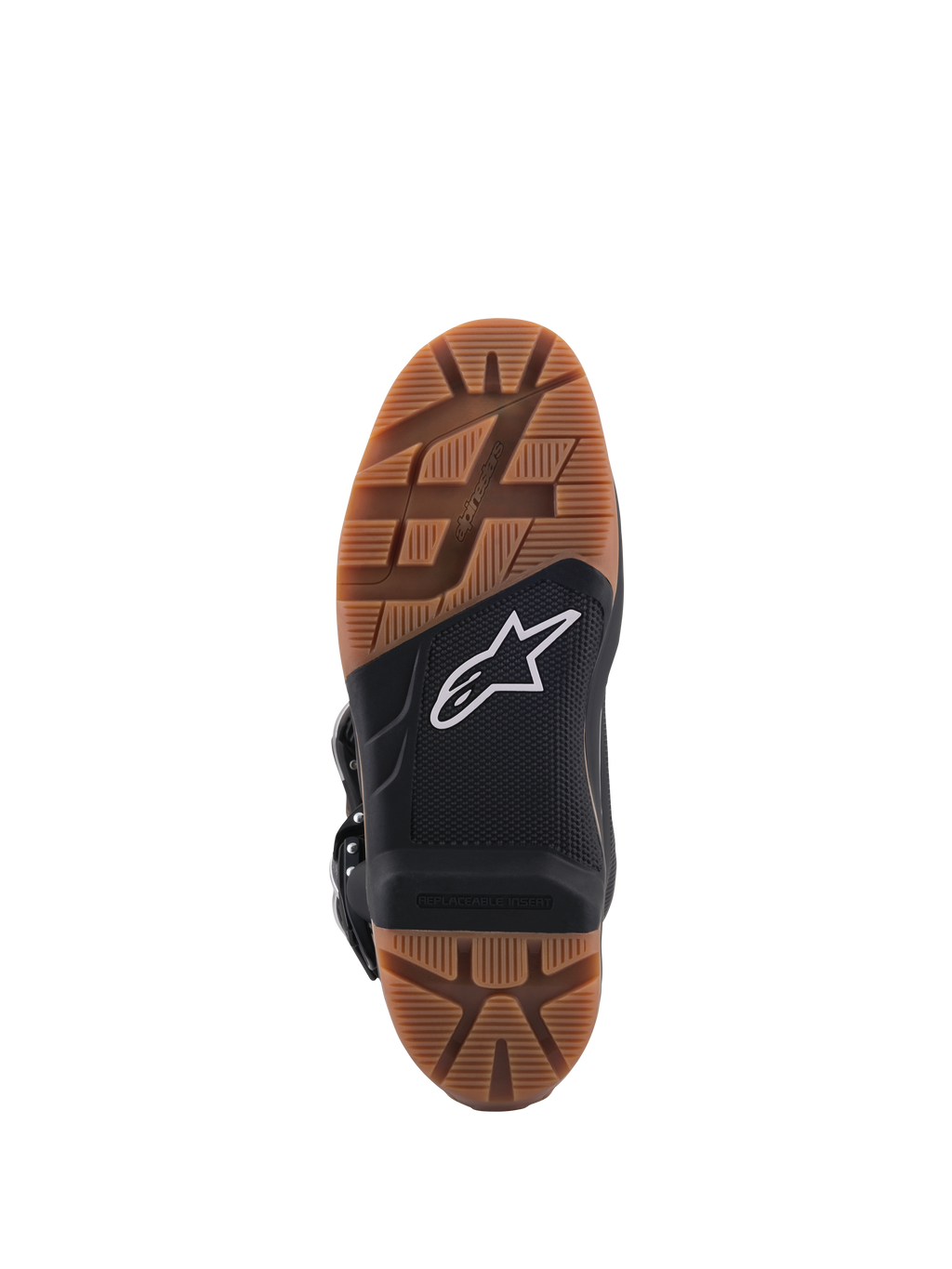 Alpinestars Tech 7 Enduro Boots, close-up view of the sole, featuring a brown rubber tread pattern and a black central section with a white star logo, highlighted replaceable footpeg insert for superior off-road grip.