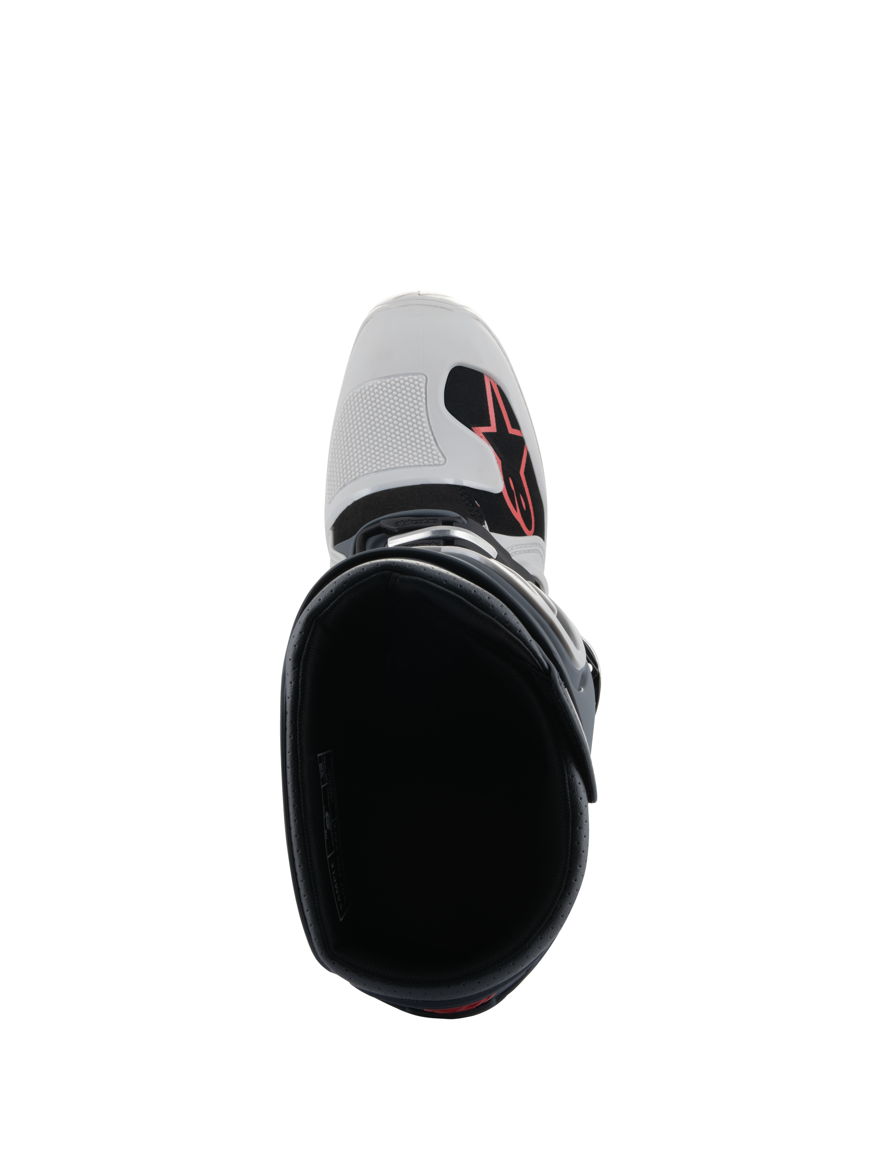 Alpinestars Tech 7 Enduro Boots, Light Gray Dark Gray Bright Red, Top-down view looking into the boot, showing the toe with red Alpinestars logo and textured shift pad, professional enduro and off-road footwear
