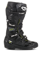 Alpinestars Tech 7 Enduro Drystar Boots, Black with Fluorescent Yellow accents, waterproof off-road motorcycle boots featuring four silver buckles, a rugged high-grip sole, and protective TPU construction for Enduro riding