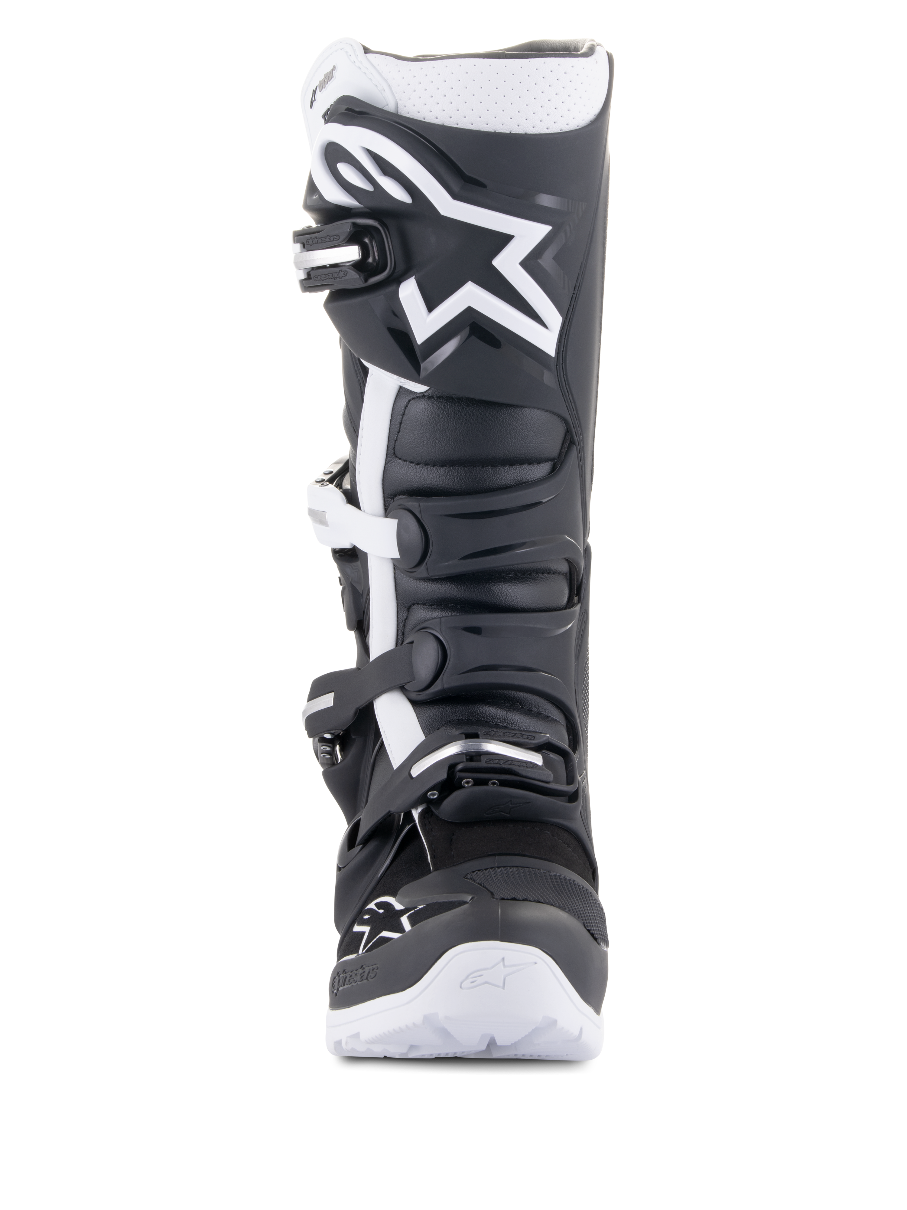 Alpinestars Tech 7 Enduro Drystar® Stiefel, Enduro-Motorradstiefel, Schwarz und Weiß, mit einem großen weißen Alpinestars-Logo auf der Schienbeinplatte, Vier-Schnallen-Verschlusssystem und robuster weißer Sohle, entwickelt für Offroad-Performance