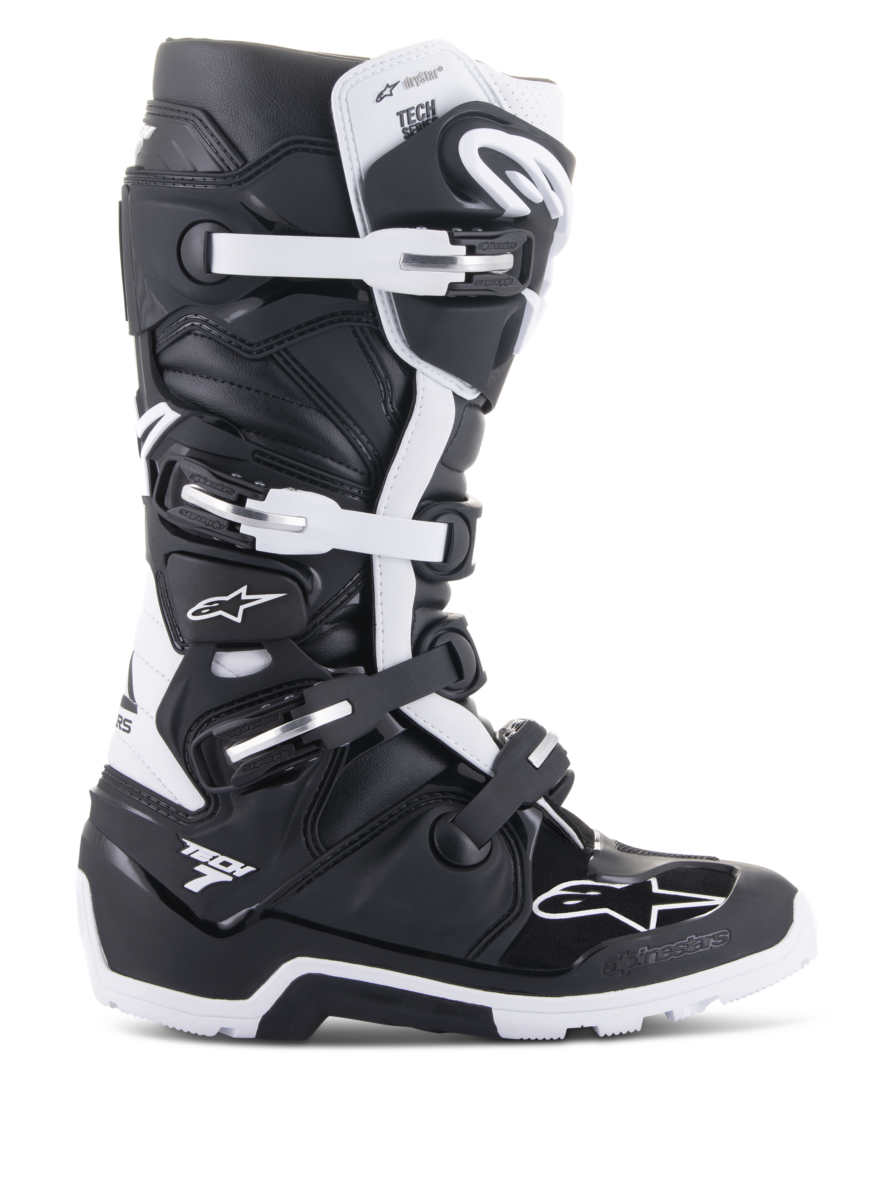Alpinestars Tech 7 Enduro Drystar Stiefel, Enduro- und Offroad-Motorradstiefel, Schwarz und Weiß, Vier-Schnallen-Verschlusssystem, wasserdichtes Drystar-Membran-Branding, robuste Sohle für Offroad-Grip, strapazierfähige TPU-Schutzpaneele mit Alpinestars-Logos