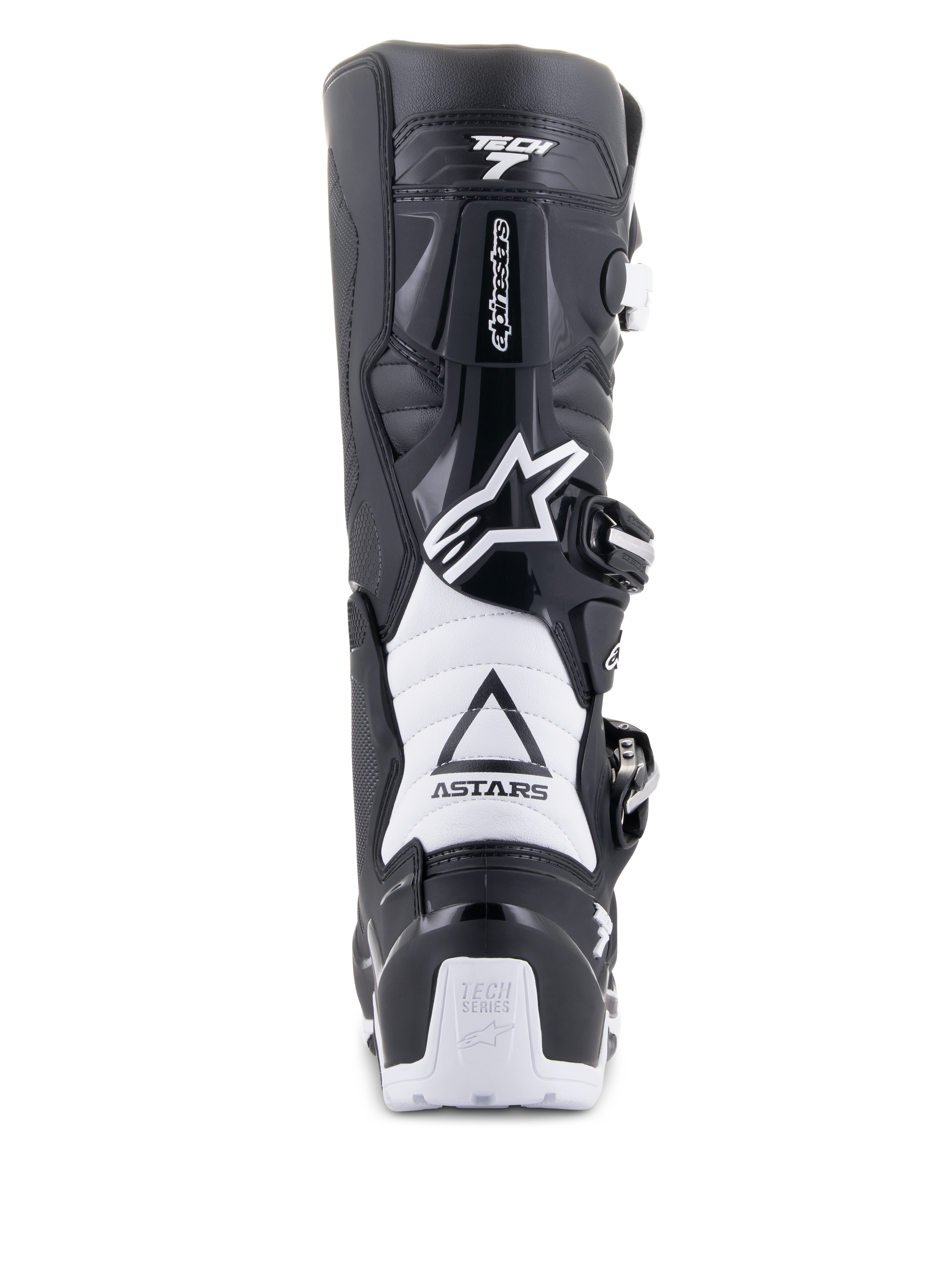 Alpinestars Tech 7 Enduro Drystar Stiefel, Schwarz und Weiß, Rückansicht mit TPU-Schutzstruktur, weißen Akkordeon-Flexzonen und Schnallenverschlusssystem, Alpinestars-Branding an Ferse und Schaft