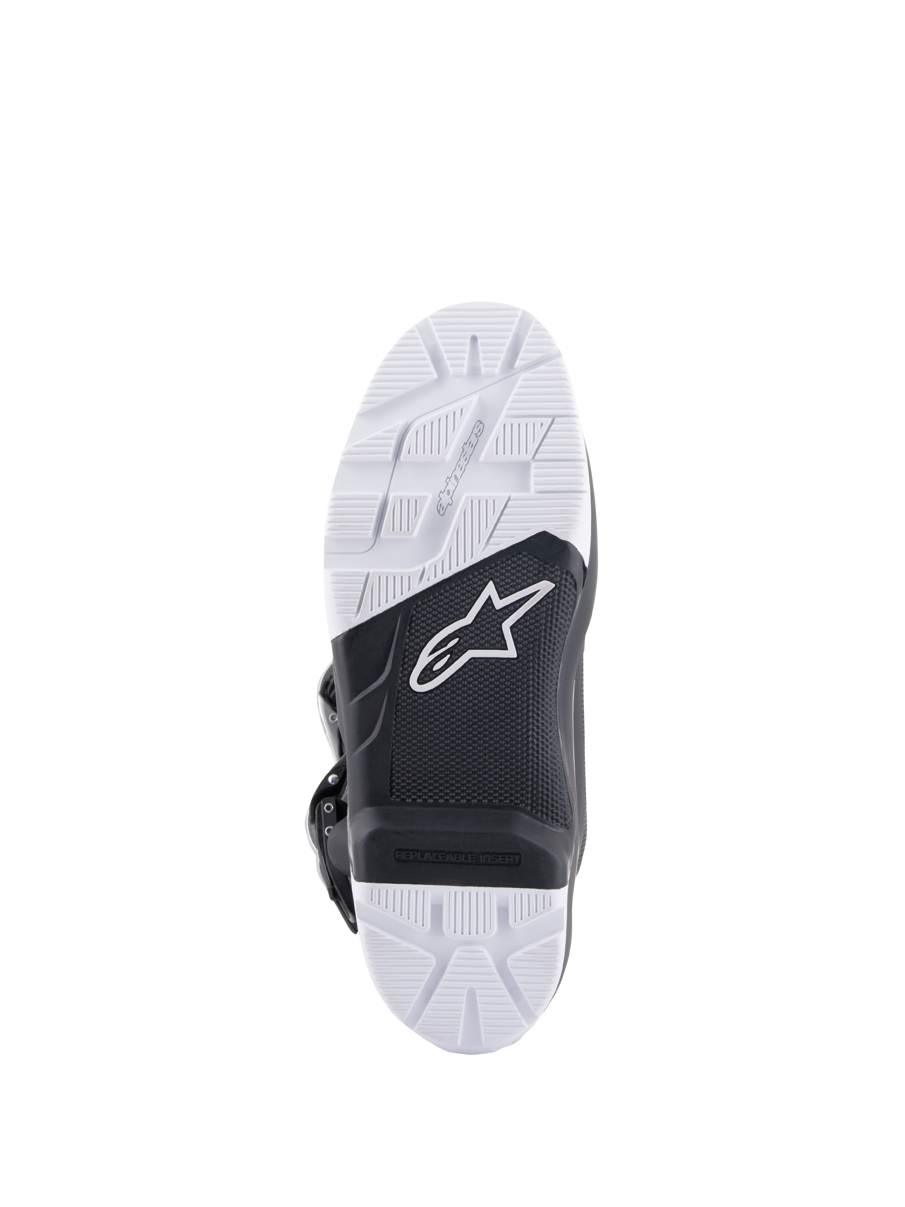 Alpinestars Tech 7 Enduro Drystar® Stiefel, Detailansicht der Sohle, hochgriffige schwarz-weiße Gummi-Doppeldichte-Verbund-Außensohle, mit Alpinestars-Logo und austauschbarem Fußrasteneinsatz, konzipiert für Offroad- und Enduro-Traktion.