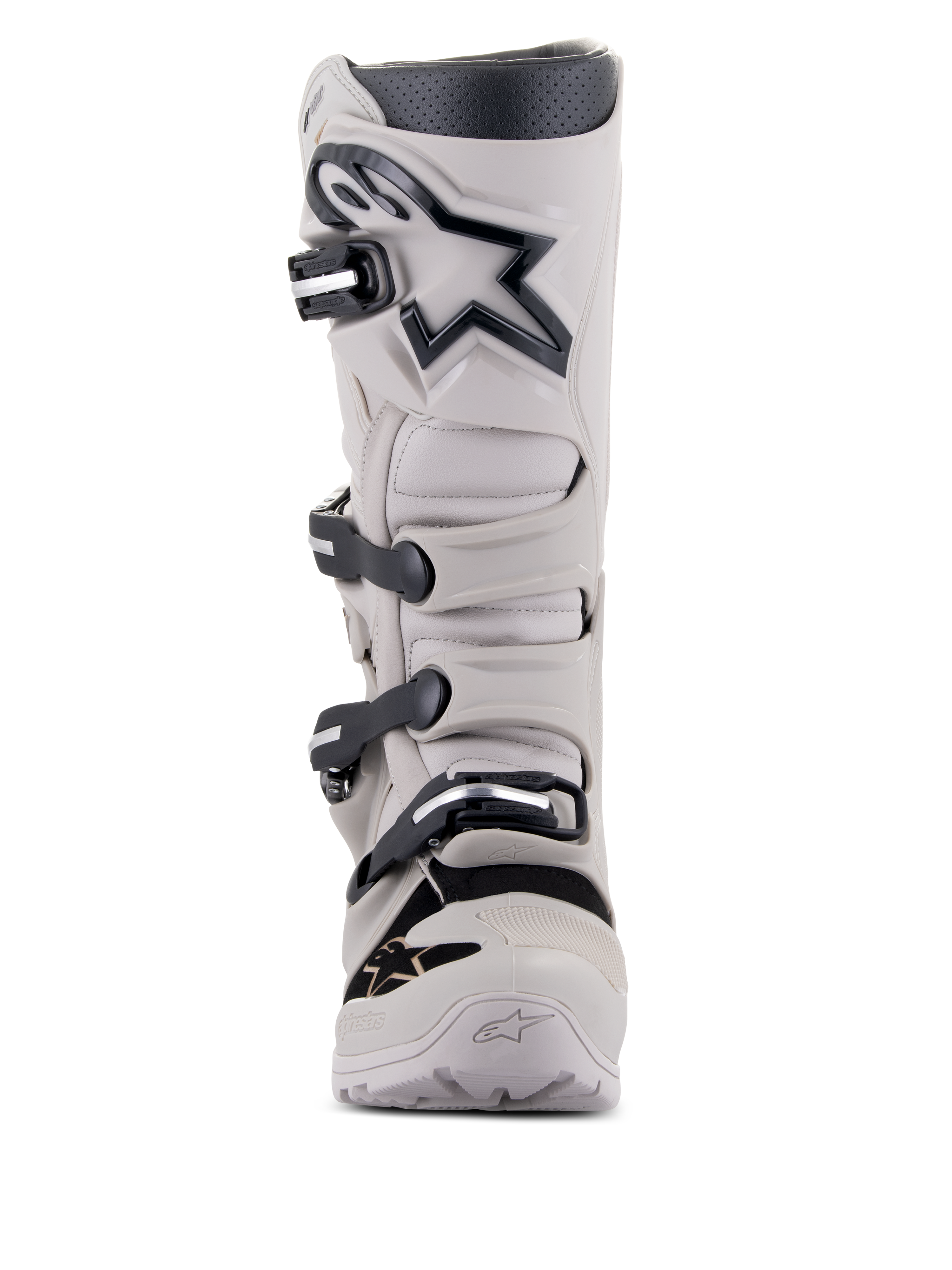 Alpinestars Tech 7 Enduro Drystar® Boots, Enduro and Off-Road Motorcycle Boots, Gray Sand, light gray with black accents and logo, featuring a four-buckle closure system, reinforced shin plate, and rugged design for all-weather performance