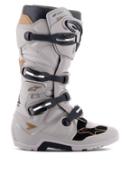 Alpinestars Tech 7 Enduro Drystar Boots, waterproof enduro motorcycle boots, Gray Sand and black with gold accents, four-buckle closure system, TPU protection plates, rugged sole for off-road grip
