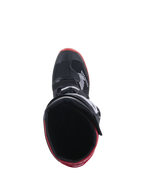 Honda Tech 7 Enduro Drystar® Boots, Black and Bright Red, top-down view looking into the boot interior, featuring Honda logo on the side, red accents on the sole, waterproof construction for off-road riding