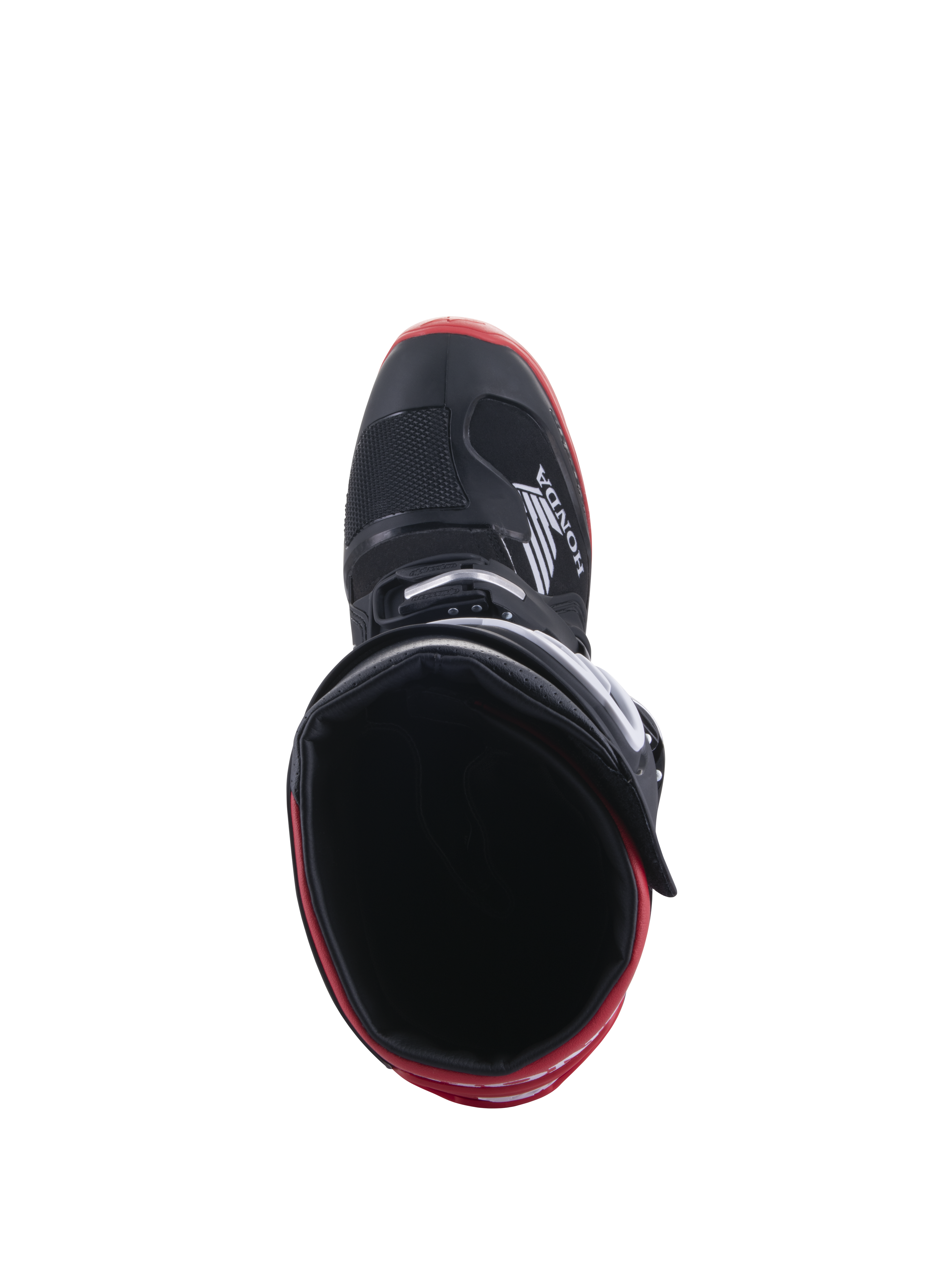 Honda Tech 7 Enduro Drystar® Boots, Black and Bright Red, top-down view looking into the boot interior, featuring Honda logo on the side, red accents on the sole, waterproof construction for off-road riding