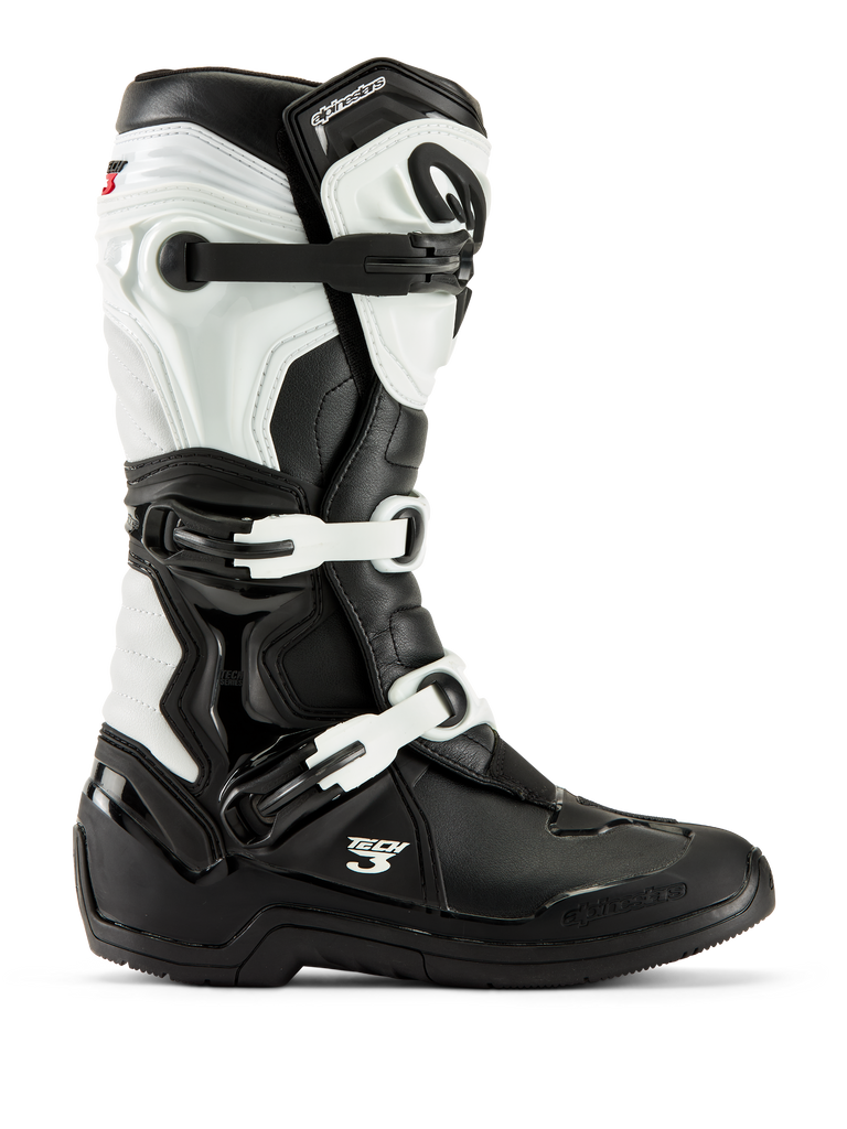 Alpinestars Tech 3 Stiefel, Motocross-Stiefel, Schwarz und Weiß, Seitenansicht mit Drei-Schnallen-Verschlusssystem, schützenden TPU-Paneelen und strapazierfähiger Synthetik-Konstruktion für den Offroad-Rennsport