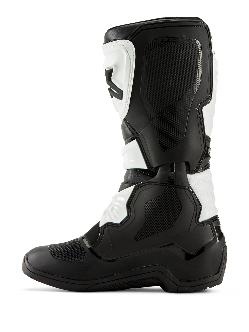 Alpinestars Tech 3 Stiefel, Motocross-Stiefel, Schwarz und Weiß, mediales Seitenprofil mit texturierten Grip-Einsätzen, TPU-Protektoren und strapazierfähiger Mikrofaser-Konstruktion, professionelles Offroad-Schuhwerk.