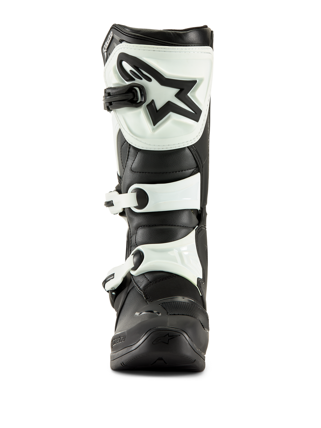 Alpinestars Tech 3 Stiefel, Motocross-Stiefel, Schwarz und Weiß, Vorderansicht mit weißer TPU-Schienbeinplatte, schwarzem Stern-Logo und weißen Schnallenriemen, strapazierfähiges Offroad-Schuhwerk