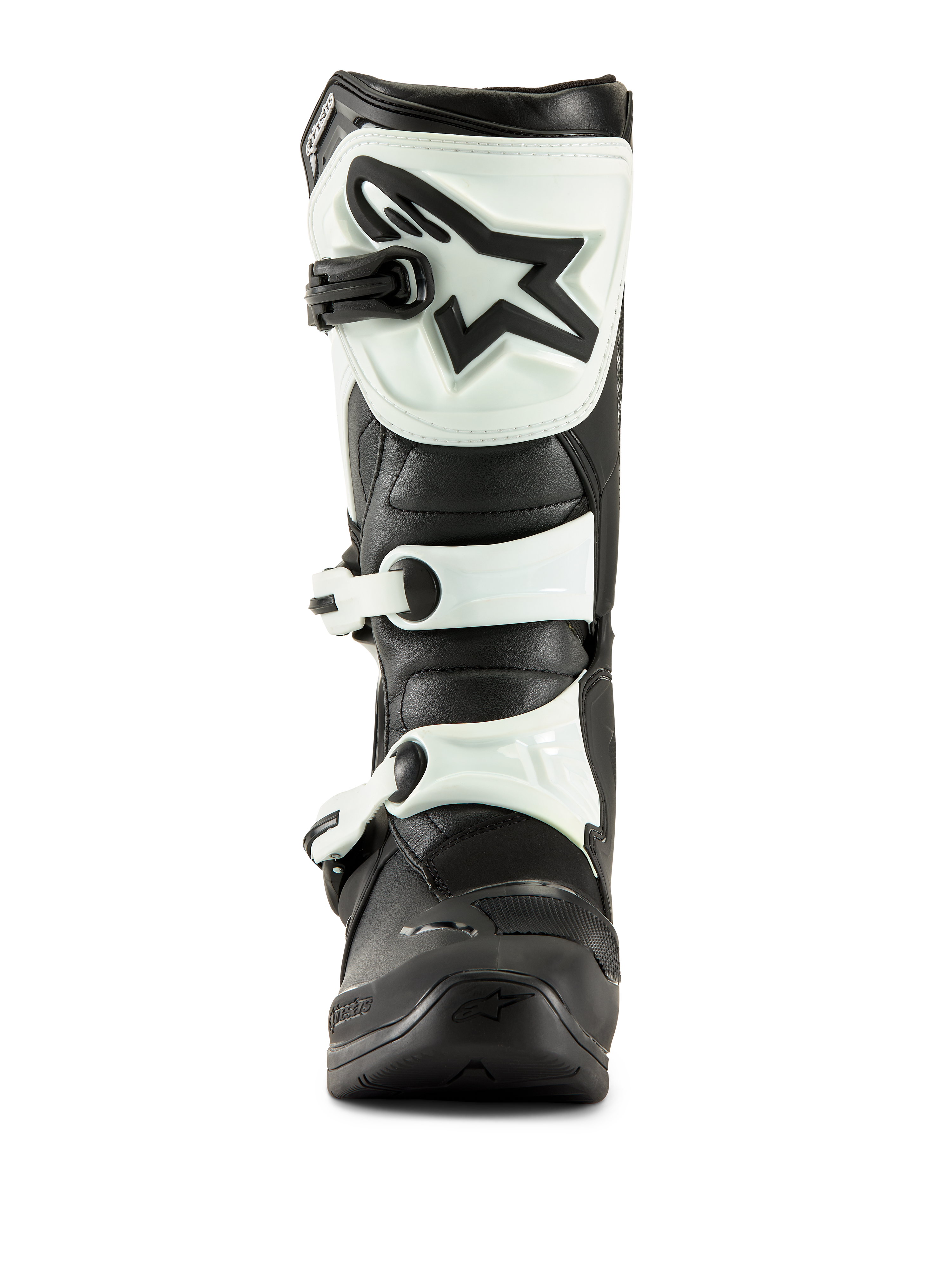 Alpinestars Tech 3 Stiefel, Motocross-Stiefel, Schwarz und Weiß, Vorderansicht mit weißer TPU-Schienbeinplatte, schwarzem Stern-Logo und weißen Schnallenriemen, strapazierfähiges Offroad-Schuhwerk