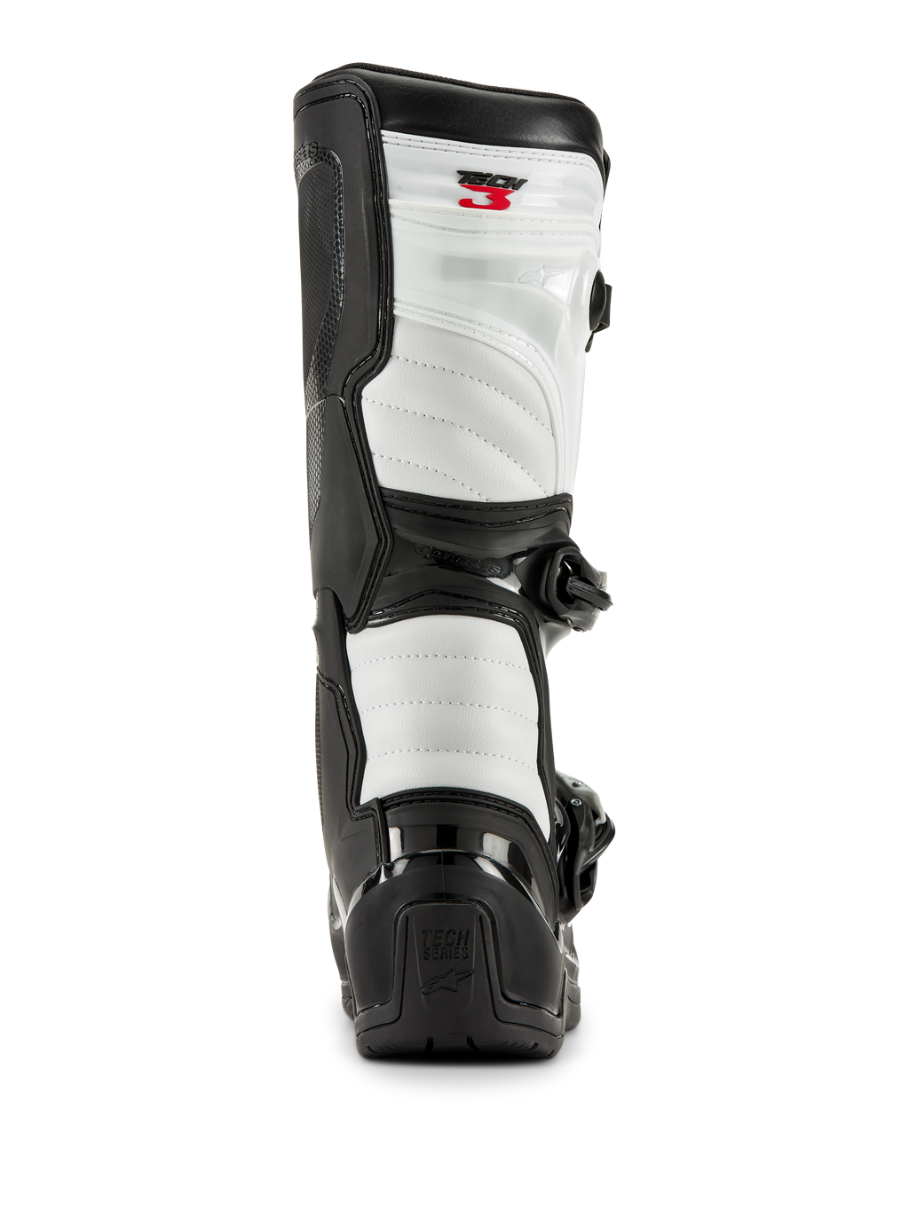 Alpinestars Tech 3 Stiefel in Schwarz und Weiß, Rückansicht mit weißen gepolsterten Einsätzen, schwarzem TPU-Fersenschutz mit Tech Series-Logo und rotem Tech 3-Branding oben, professionelle Motocross-Fußbekleidung.