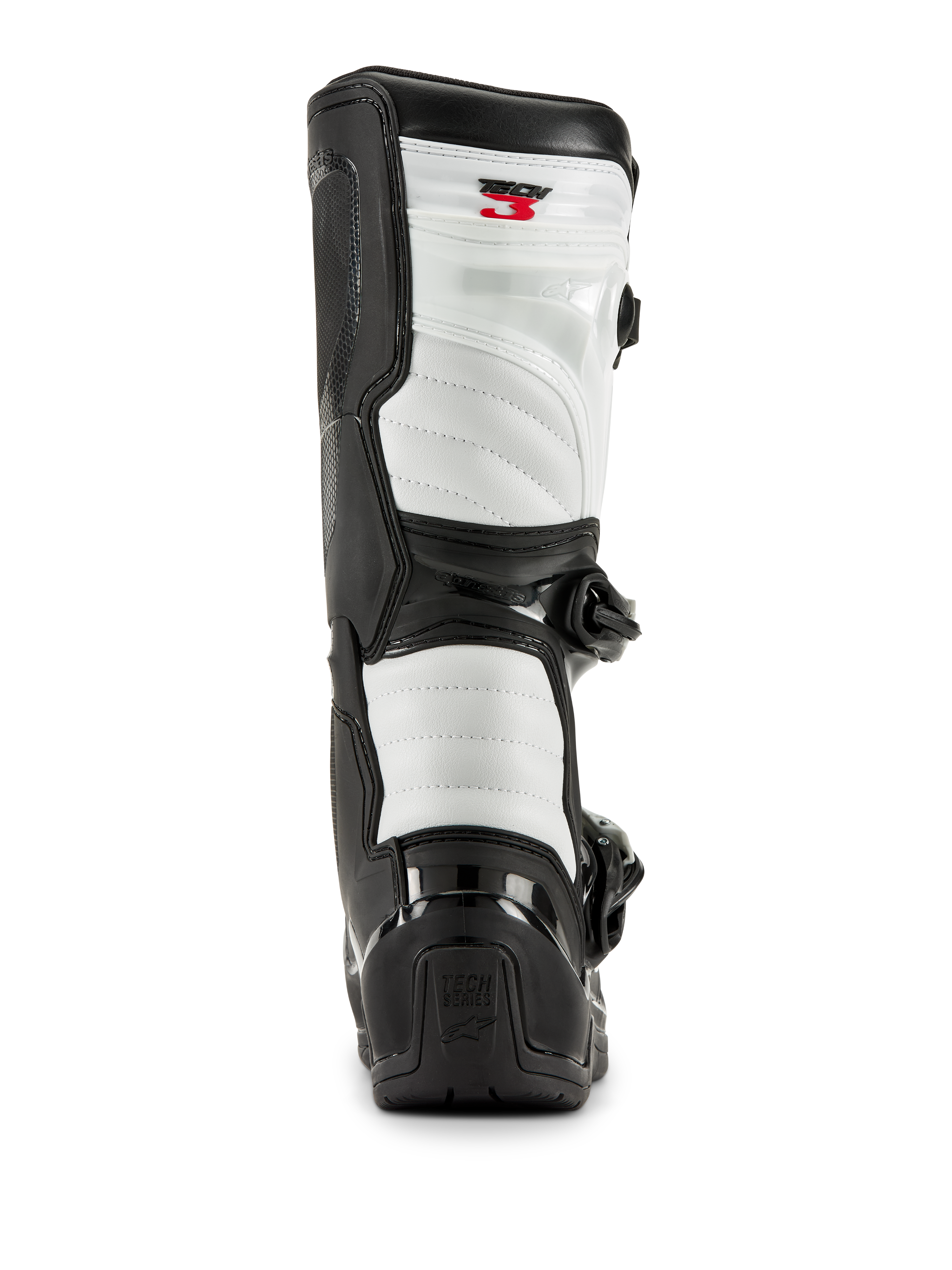 Alpinestars Tech 3 Stiefel in Schwarz und Weiß, Rückansicht mit weißen gepolsterten Einsätzen, schwarzem TPU-Fersenschutz mit Tech Series-Logo und rotem Tech 3-Branding oben, professionelle Motocross-Fußbekleidung.