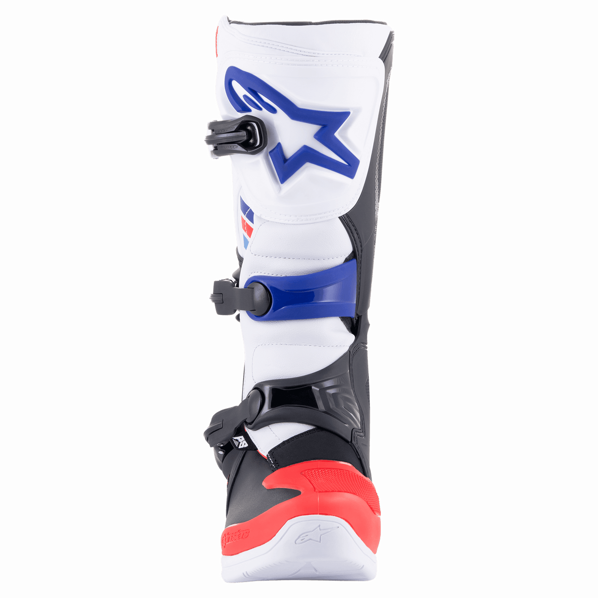Alpinestars Tech 3 Stiefel, Motocross-Stiefel, Weiß, Hellrot und Dunkelblau, Frontansicht mit schützender TPU-Schienbeinplatte und blauem Logo, Dreifach-Schnallen-Verschlusssystem und verstärktem rotem Zehenbereich