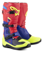 Alpinestars Tech 3 Stiefel, Motocross-Stiefel, Hellrot, Dunkelblau und Gelb Fluo, mit dreifachen Polymer-Schnallen, konturierten TPU-Schutzplatten und einer griffigen schwarzen Außensohle, konzipiert für Motocross- und Offroad-Performance.