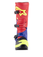 Alpinestars Tech 3 Stiefel, Motocross-Stiefel, Hellrot, Dunkelblau und Neongelb, Vorderansicht mit Dreifach-Schnallen-Verschlusssystem, TPU-Schienbeinplatte mit gelbem Stern-Logo und schützender Dual-Compound-Fußschale.