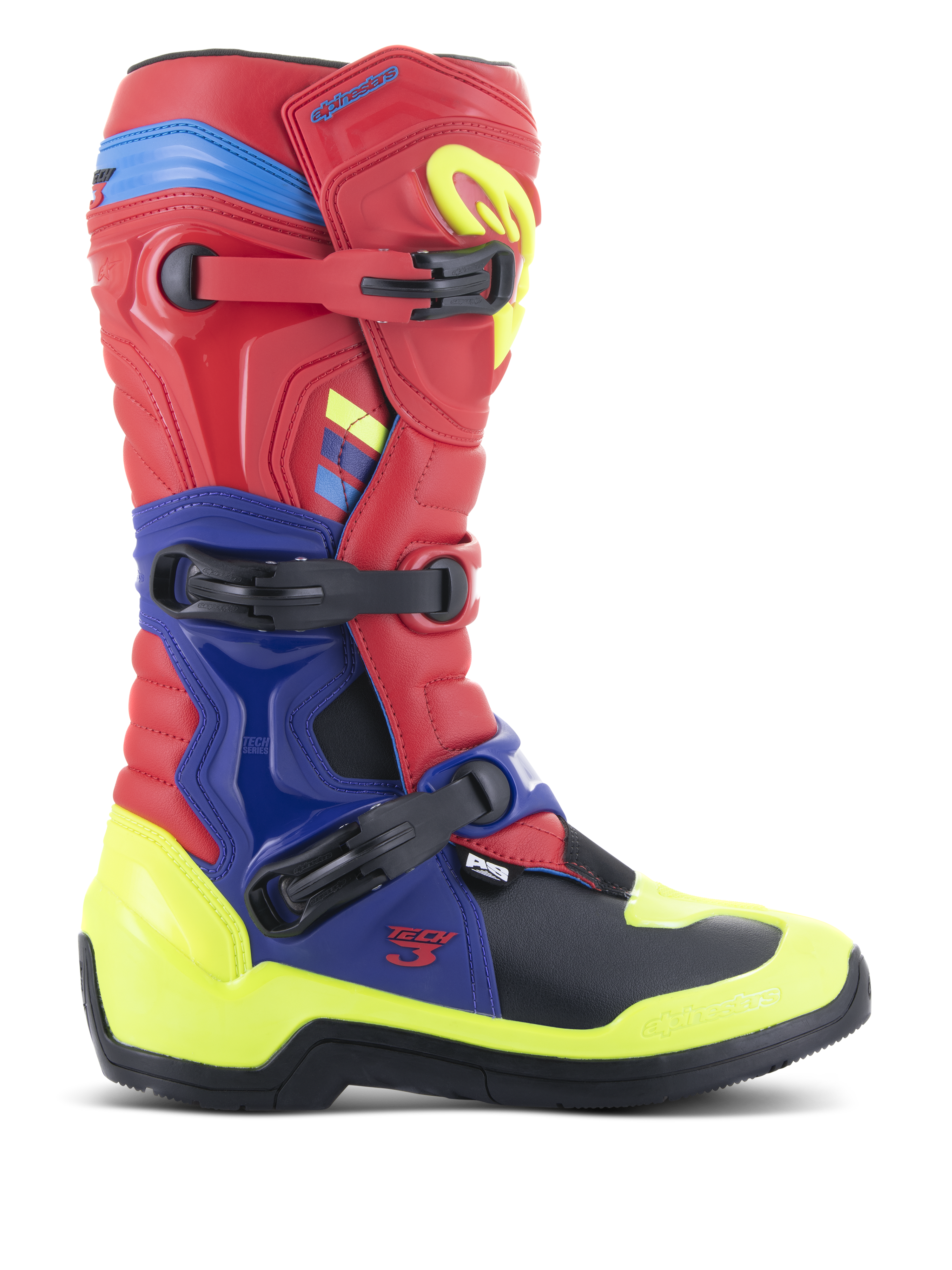 Alpinestars Tech 3 Boots, Motocross Boots, Bright Red, Dark Blue, and Yellow Fluo, featuring a triple buckle closure system, TPU protection plates, and vibrant neon accents, durable microfiber construction for off-road riding
