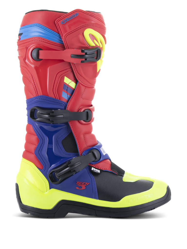 Alpinestars Tech 3 Stiefel, Motocross-Stiefel, Hellrot, Dunkelblau und Gelb Fluo, mit einem dreifachen Schnallen-Verschlusssystem, TPU-Schutzplatten und lebhaften Neon-Akzenten, langlebige Mikrofaser-Konstruktion für den Offroad-Einsatz