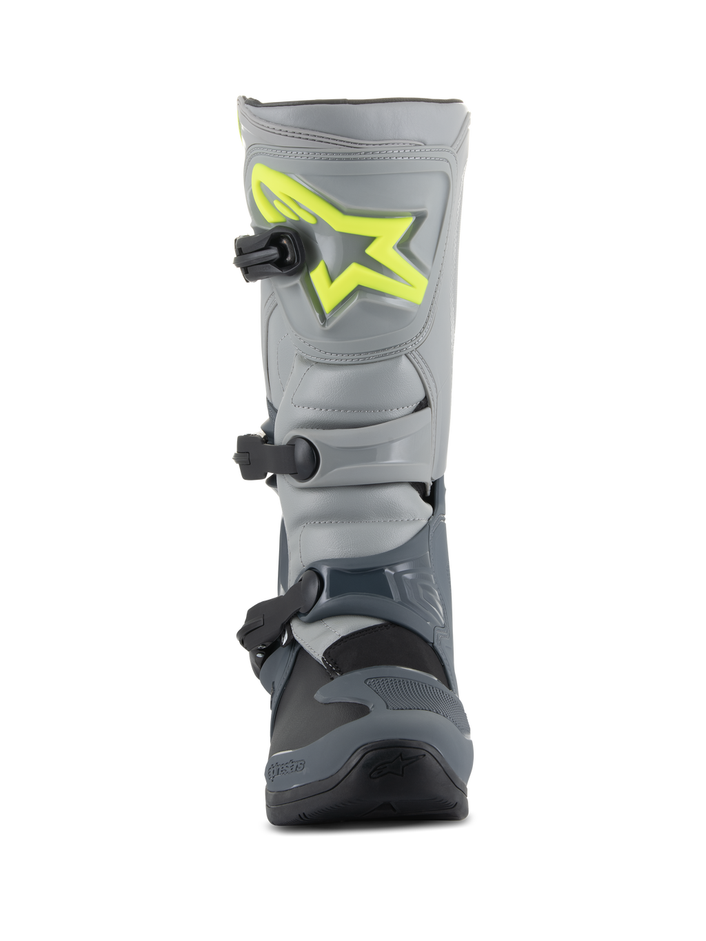 Alpinestars Tech 3 Stiefel, Motocross-Stiefel, Dunkelgrau, Hellgrau und Schwarz, Vorderansicht mit leuchtend gelbem Logo auf der Schienbeinplatte, drei schwarzen Polymerschnallen und strapazierfähiger TPU-Schale für Offroad-Rennsport